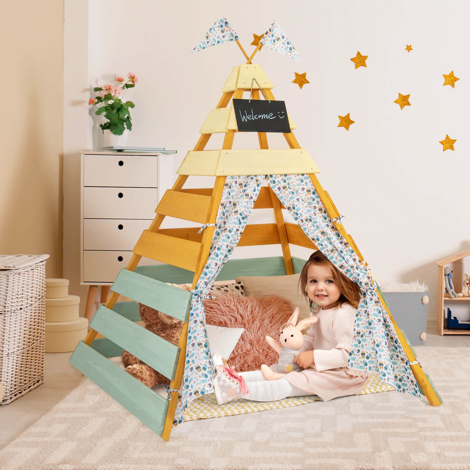 Tente pour tipi de Costway pour enfants avec drapeaux et rideaux de porte amovibles lavables à la machine