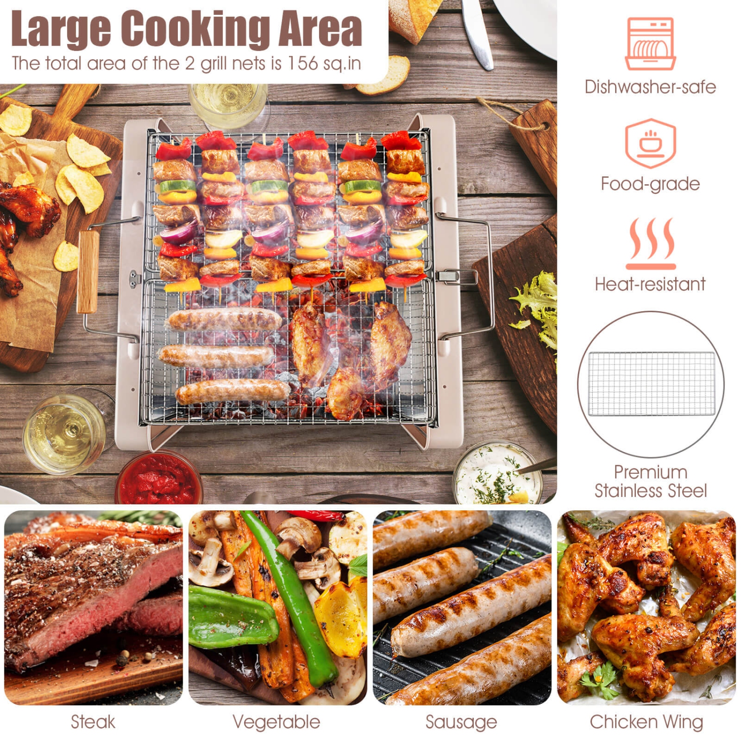 Costway Outdoor Charcoal Grill with 2 Stainless Steel Grill Nets Charcoal Box for Camping