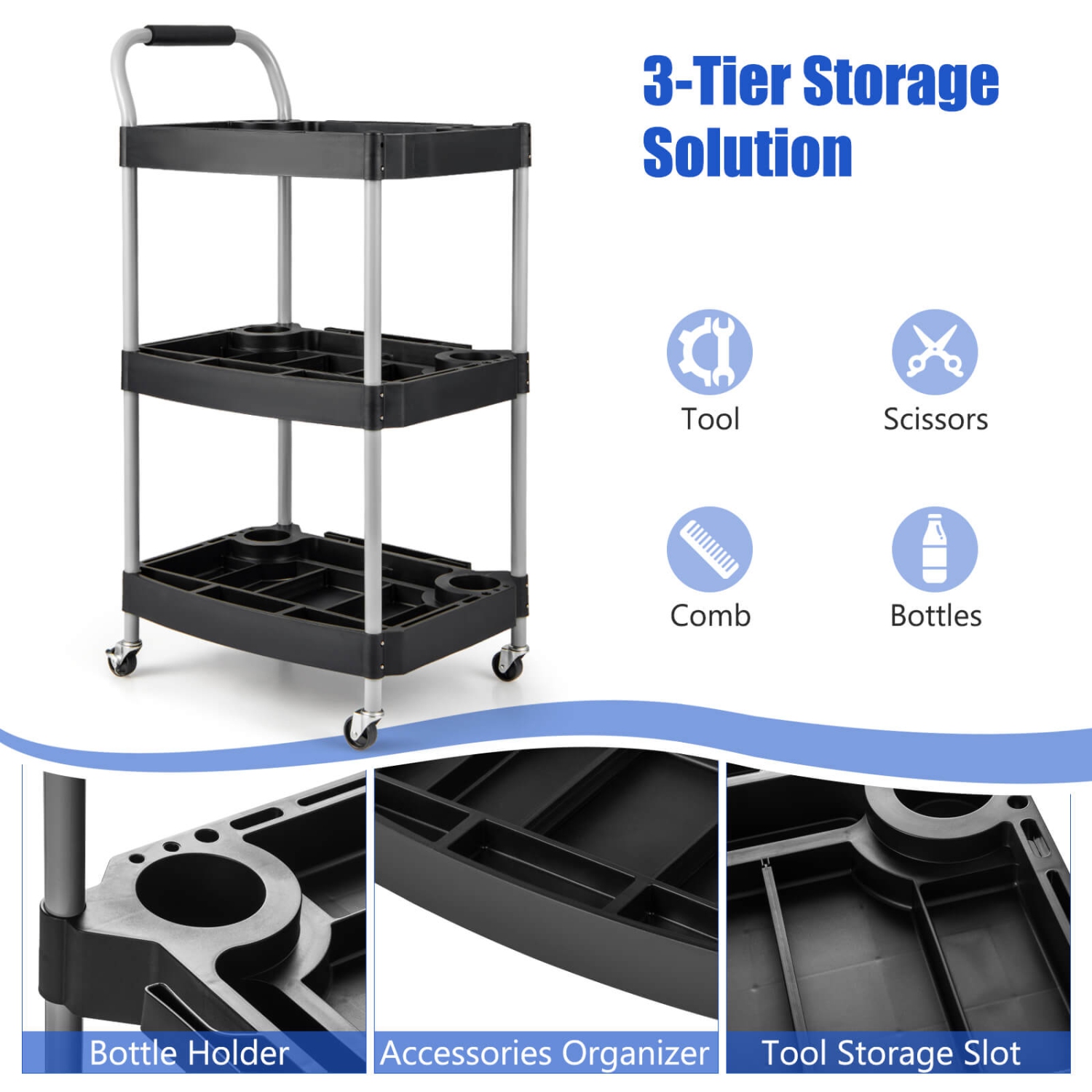 Costway 3 Tier Rolling Tool Cart with Handle Tool Storage Slot Universal Wheels for Garage