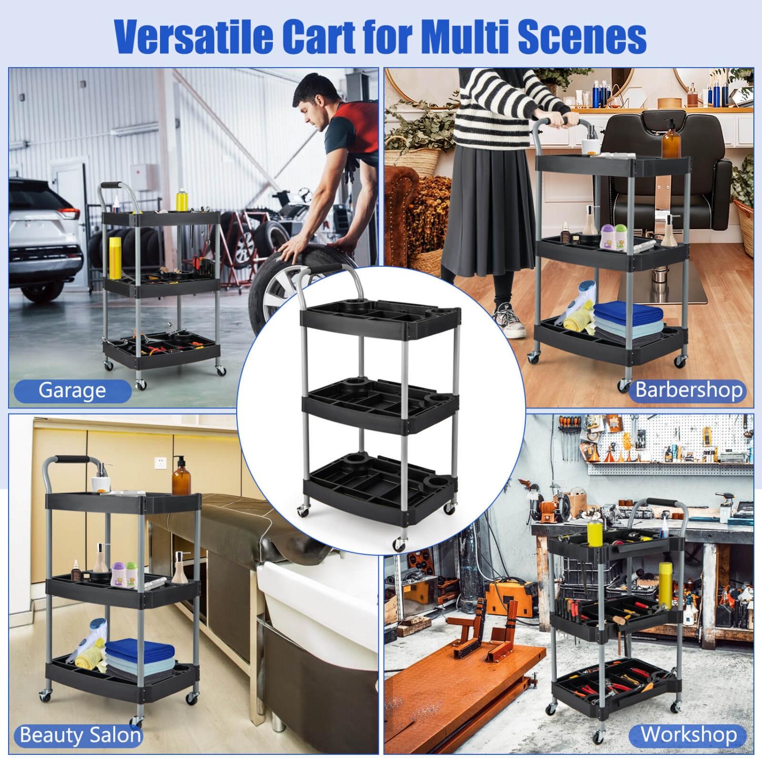 Costway 3 Tier Rolling Tool Cart with Handle Tool Storage Slot Universal Wheels for Garage