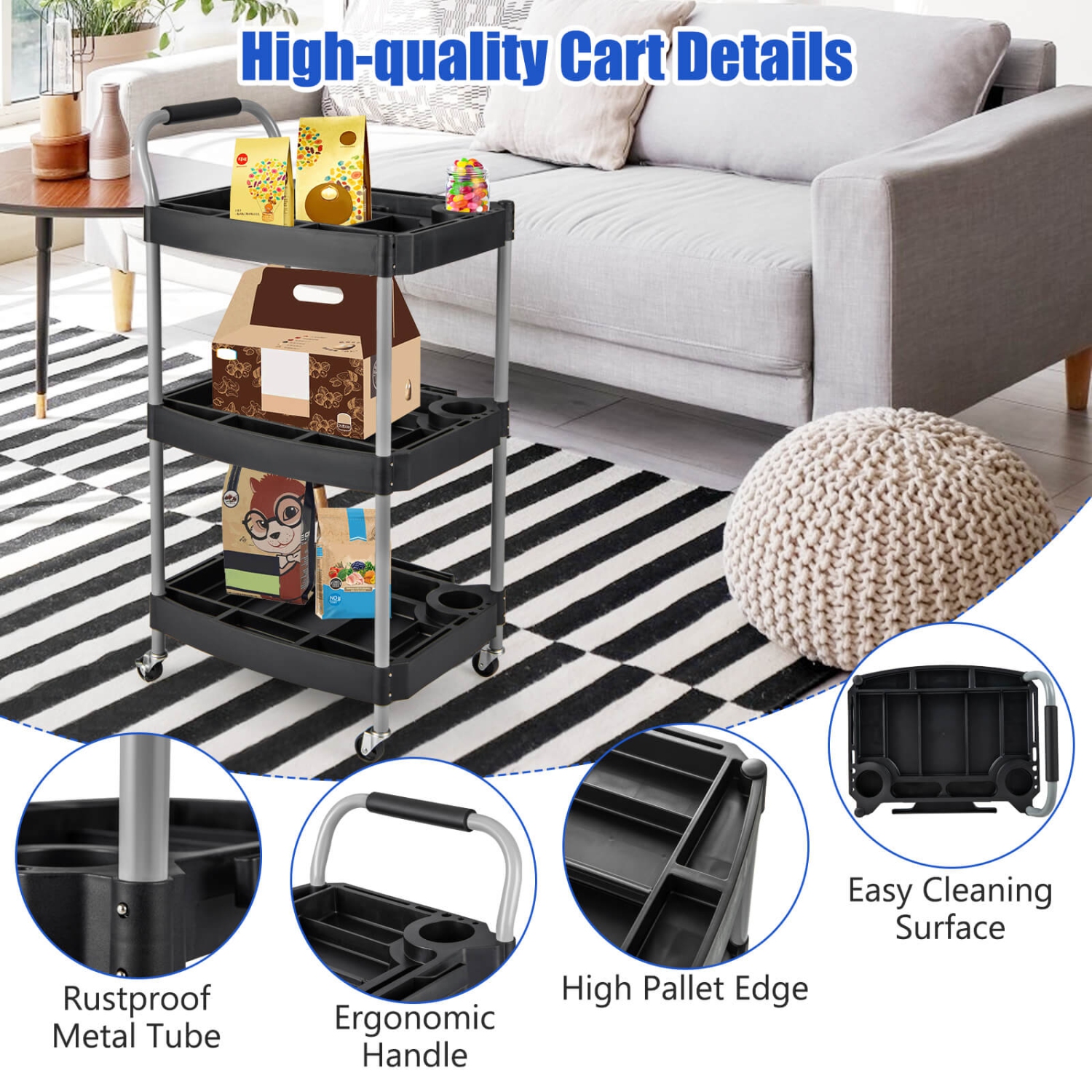 Costway 3 Tier Rolling Tool Cart with Handle Tool Storage Slot Universal Wheels for Garage