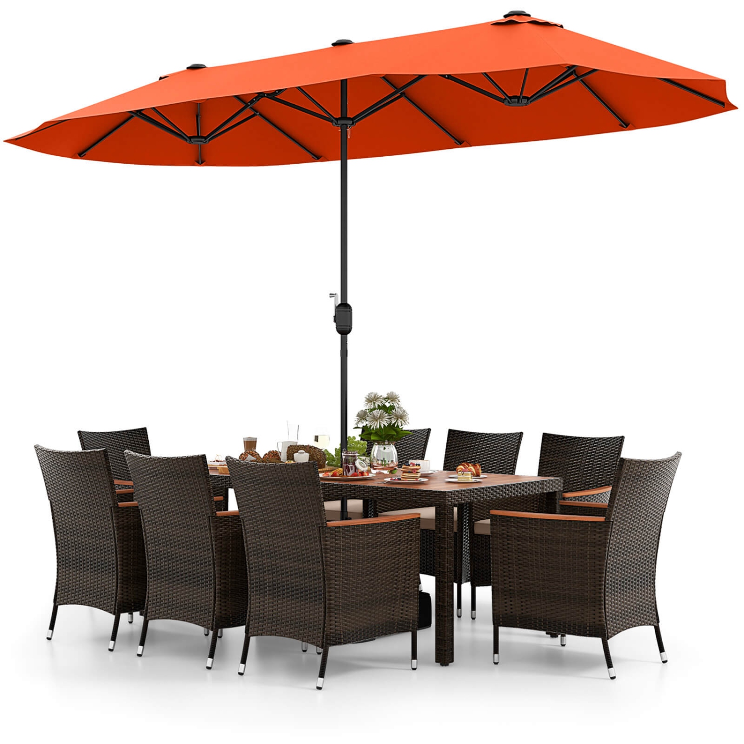 Costway 9 PCS Patio Wicker Dining Set with Double-Sided Outdoor Umbrella 8 Stackable Chairs