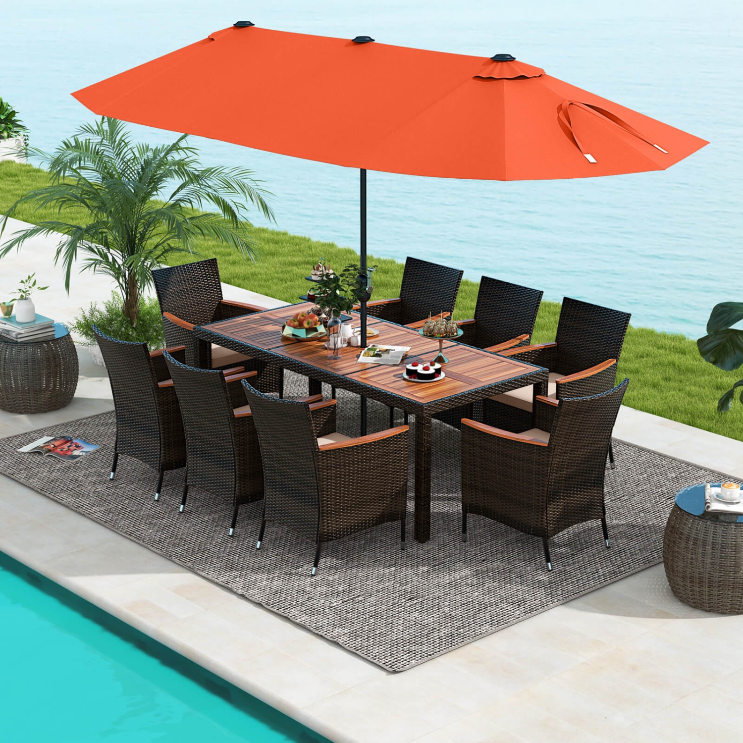 Costway 9 PCS Patio Wicker Dining Set with Double-Sided Outdoor Umbrella 8 Stackable Chairs