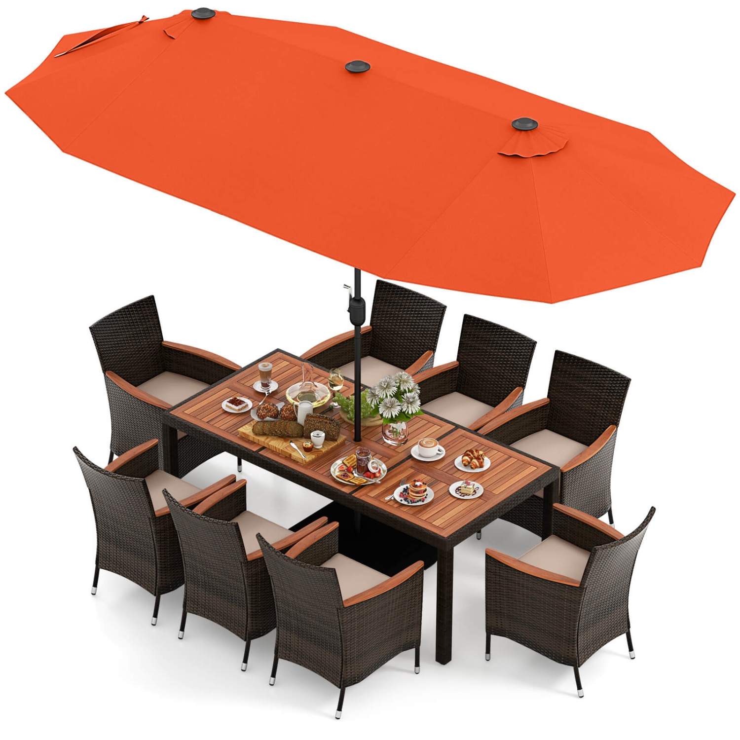 Costway 9 PCS Patio Wicker Dining Set with Double-Sided Outdoor Umbrella 8 Stackable Chairs