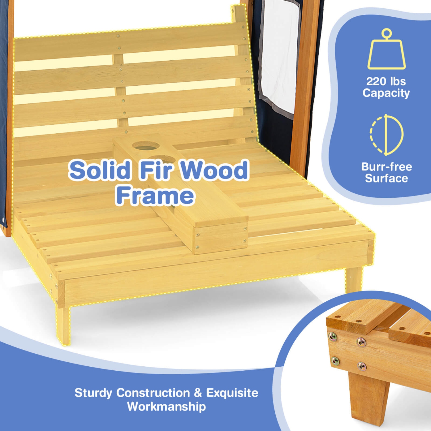 Costway Kids Double Chaise Lounge Patio Lounge Chair with Cup Holders & Awning