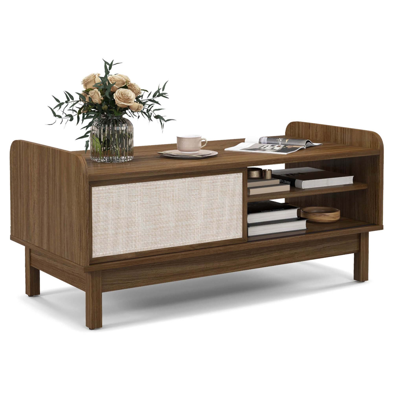 Costway Rectangular Coffee Table with Storage Weaving Sliding Door & Adjustable Shelf