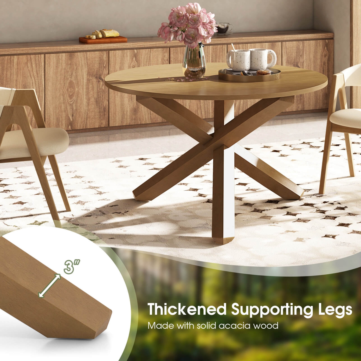 Costway 47" Round Dining Table with Solid Acacia Wood Legs for 4-6 Person for Kitchen