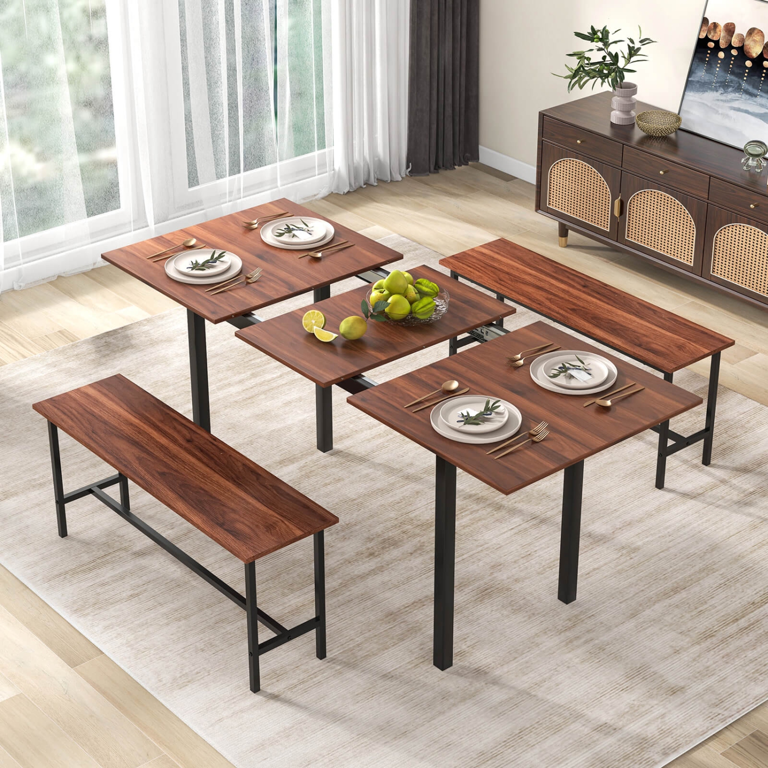 Costway 3 Piece Dining Table Set for 4-6 63"Kitchen Table with 2 Benches Metal Frame