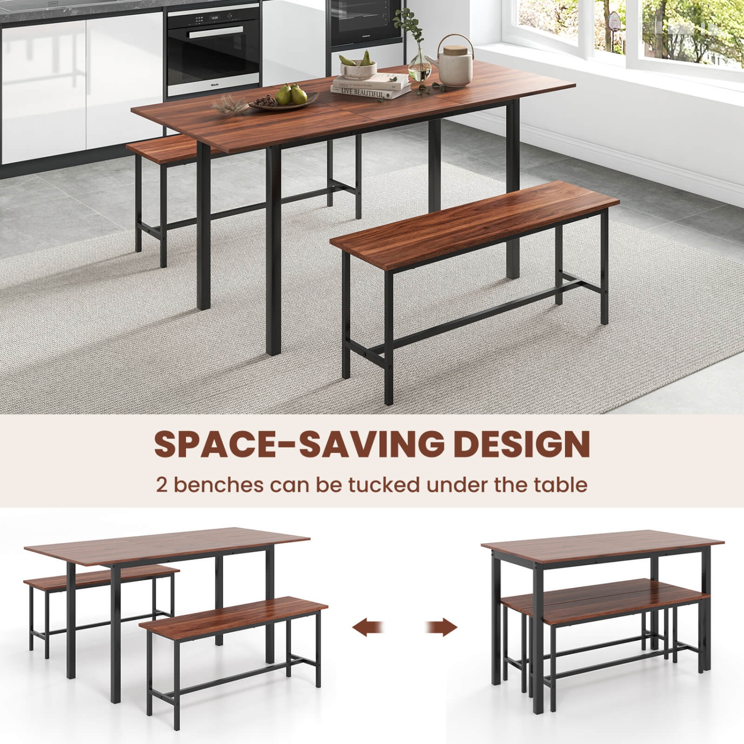 Costway 3 Piece Dining Table Set for 4-6 63"Kitchen Table with 2 Benches Metal Frame