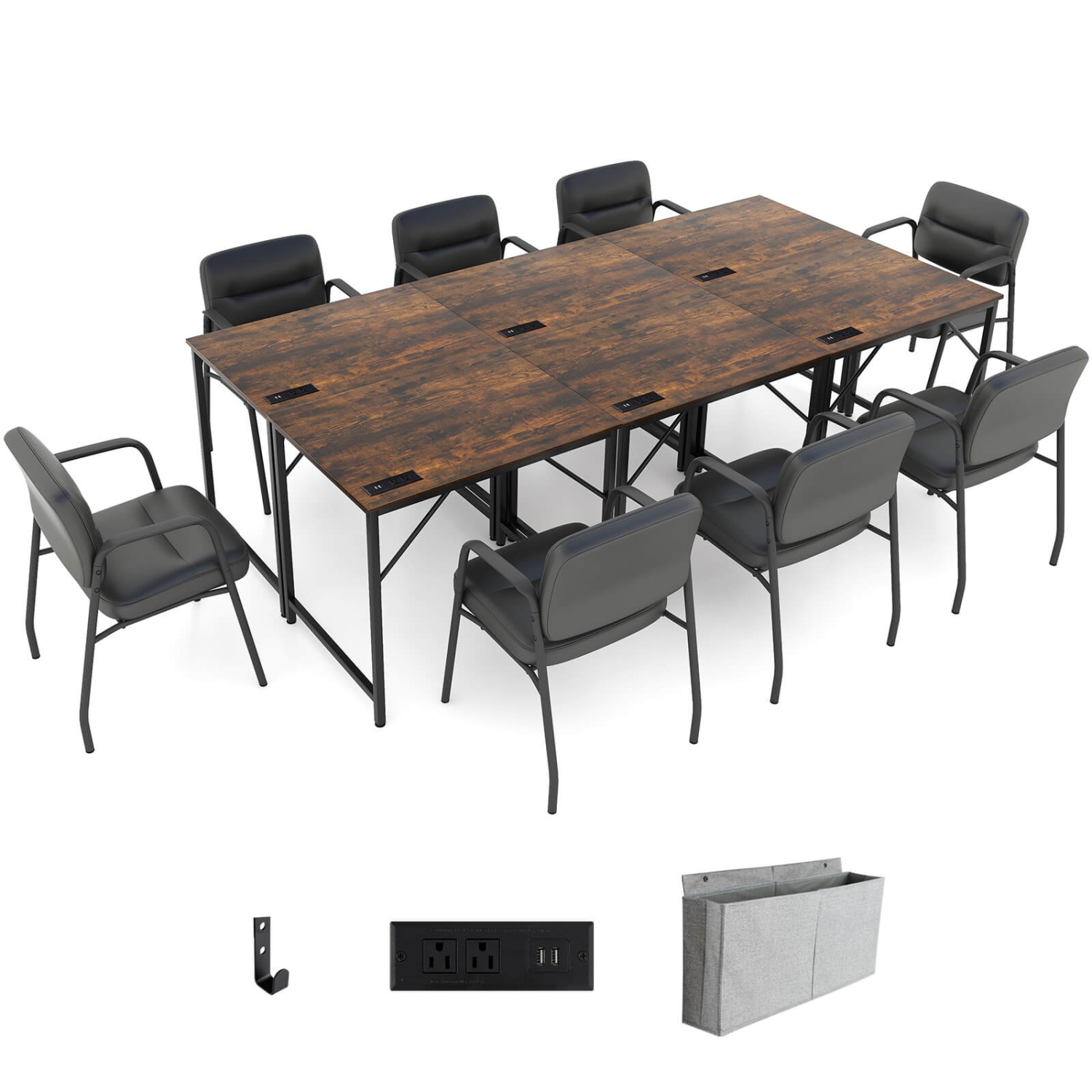 Costway 32" Meeting Room Desk Set of 6 with Charging Station & Headphone Hook Metal Frame Brown