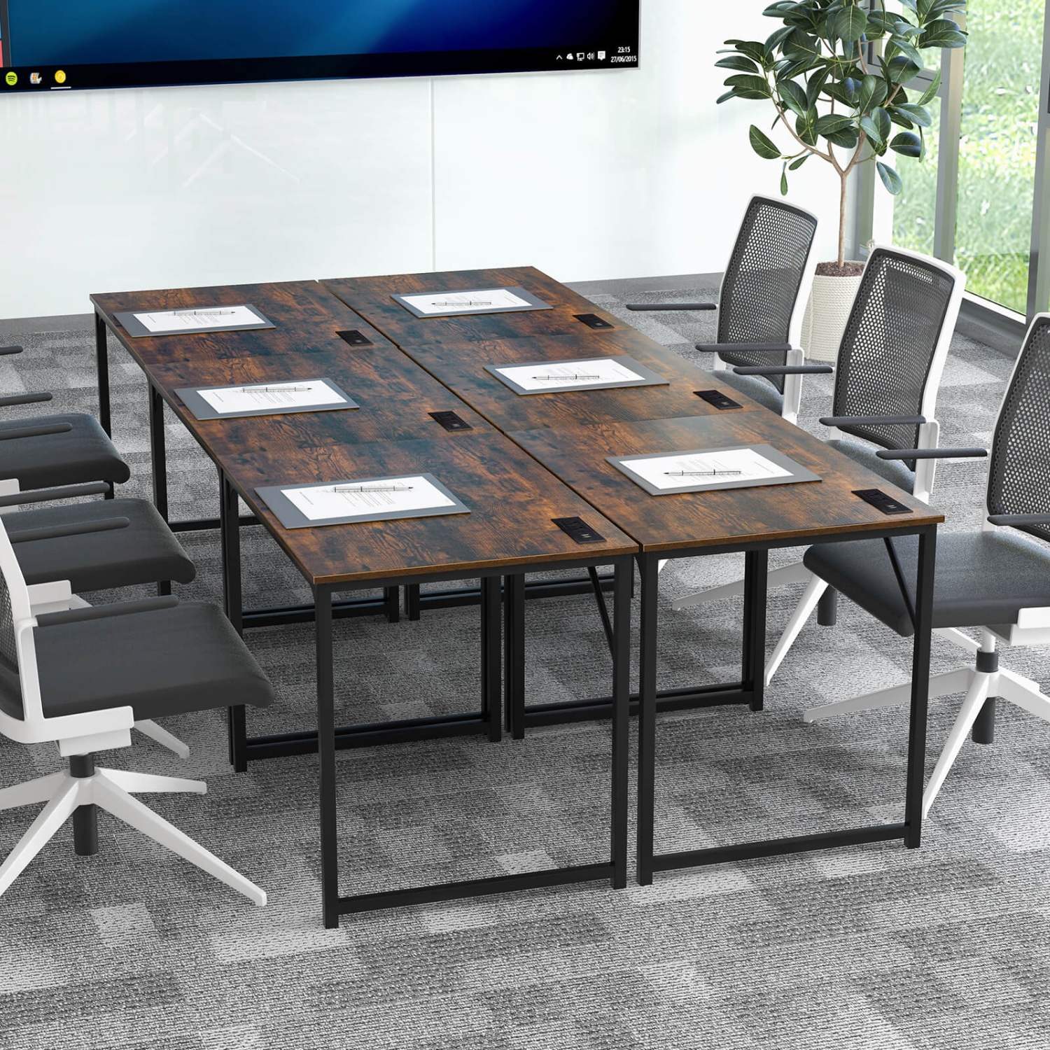 Costway 32" Meeting Room Desk Set of 6 with Charging Station & Headphone Hook Metal Frame Brown