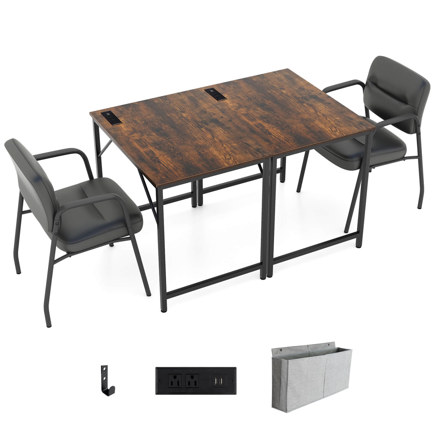 Costway 32" Meeting Room Desk Set of 2 with Charging Station & Headphone Hook Metal Frame Brown