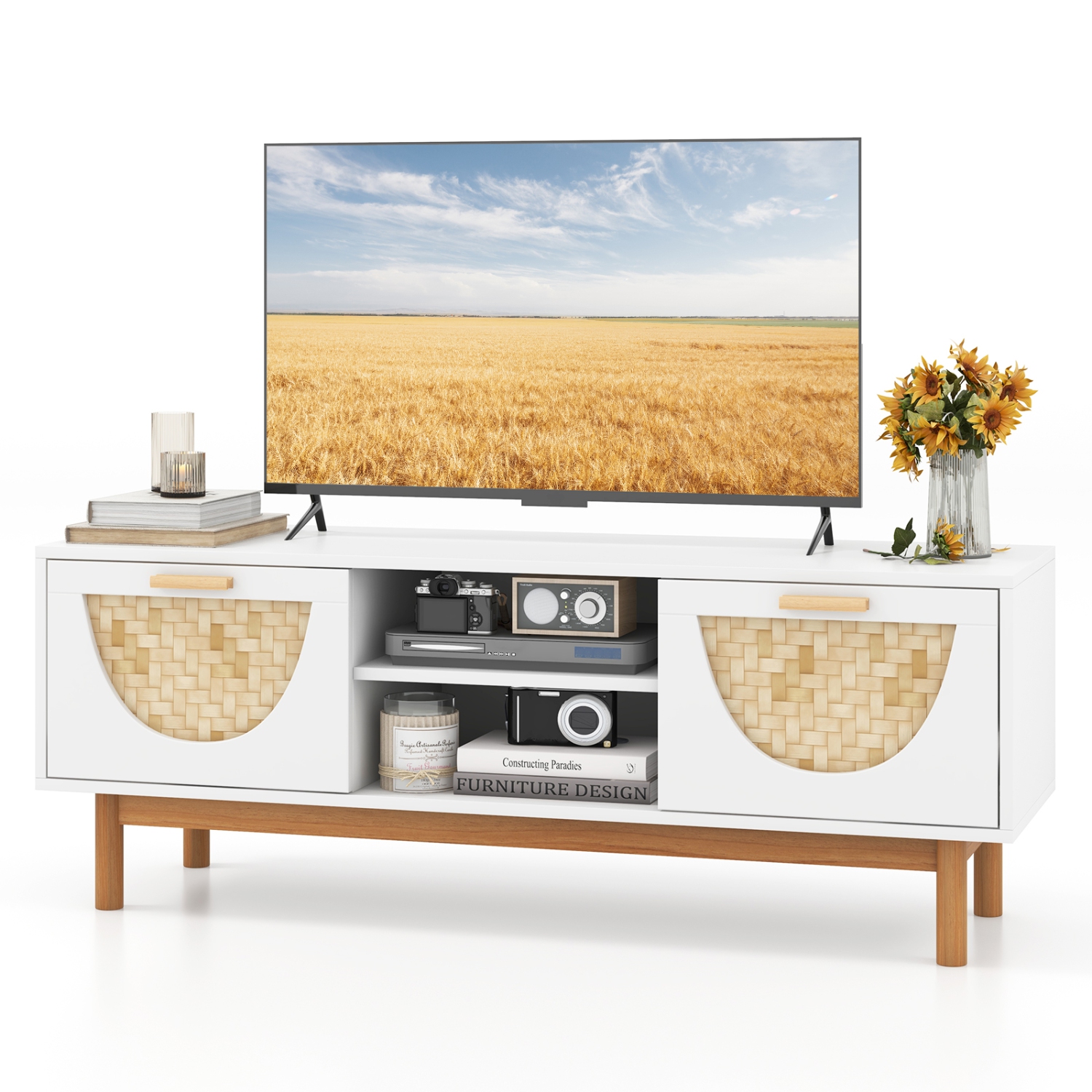 Costway TV Stand for 55-Inch TVs with 2 Drawers & Bamboo Woven Fronts Solid Wood Legs