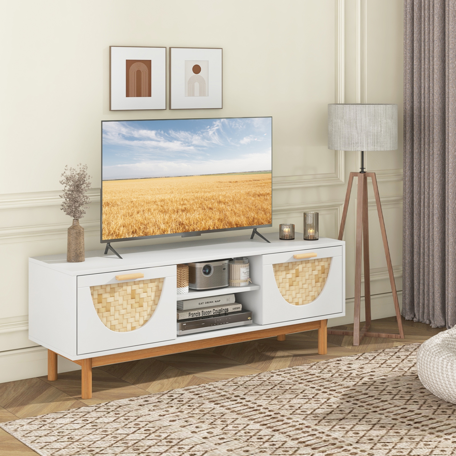 Costway TV Stand for 55-Inch TVs with 2 Drawers & Bamboo Woven Fronts Solid Wood Legs