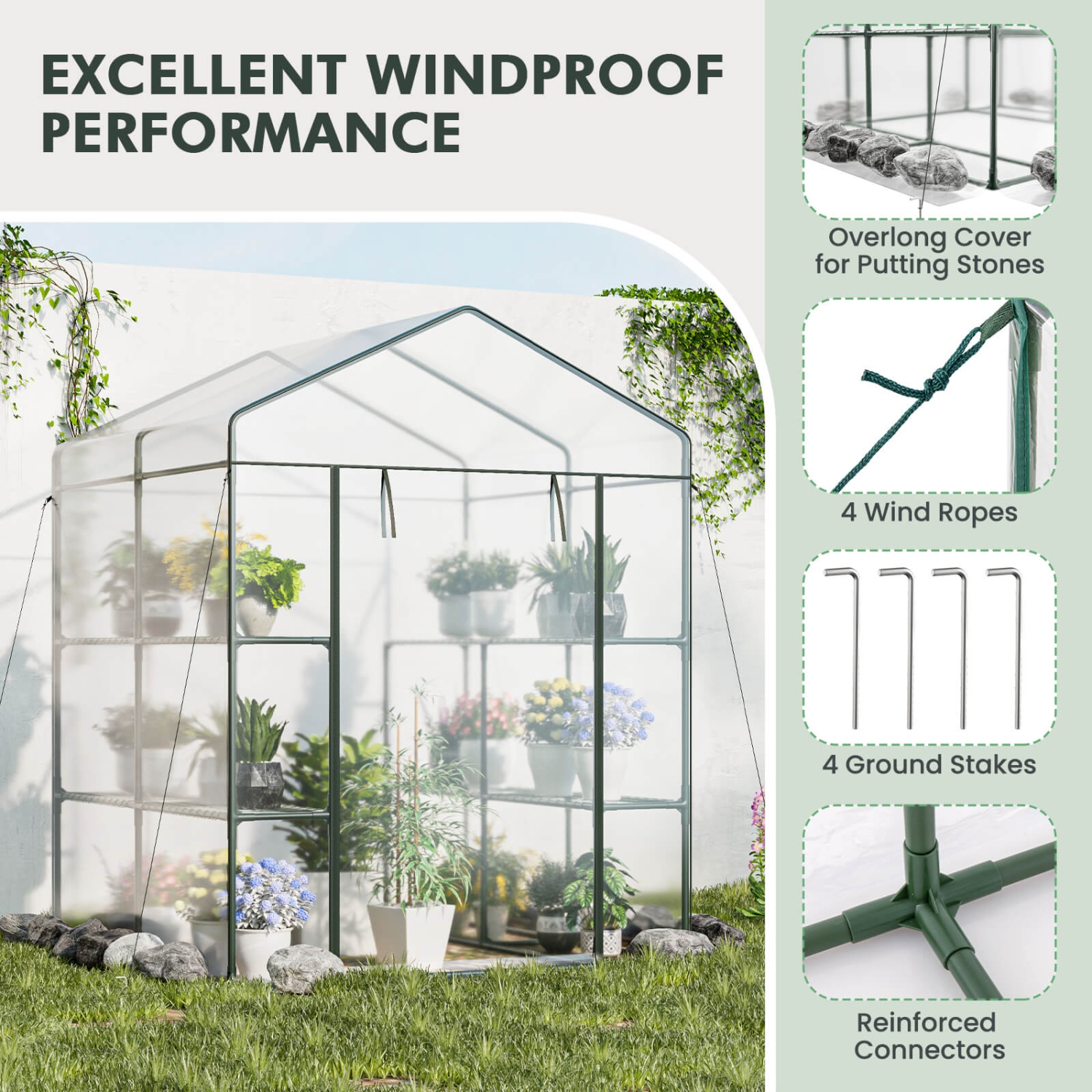 Costway Portable Mini Greenhouse with 3 Tiers 8 Shelves Roll-up Zippered Door for Plants