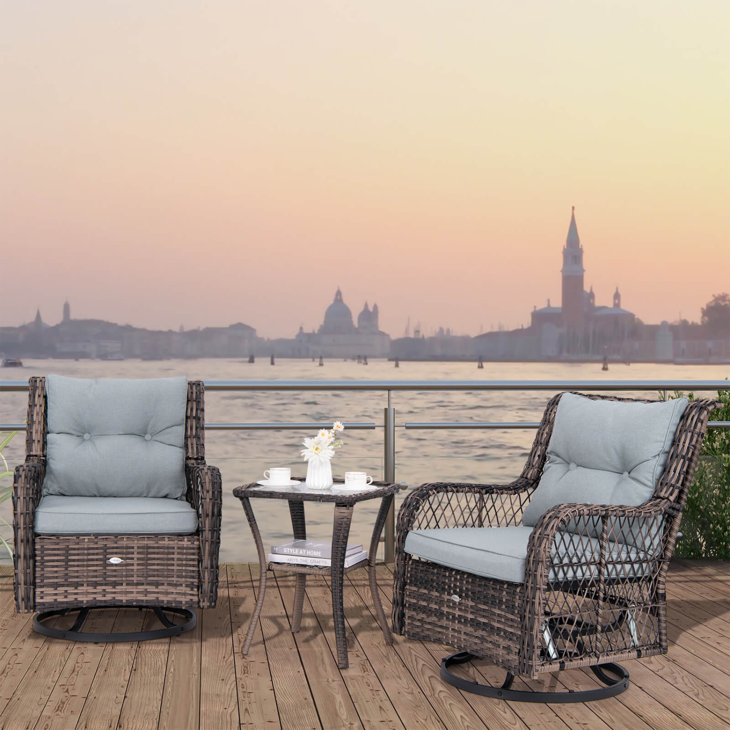 Ensemble de 2 chaises berçants 3 pièces de Costway avec table d'appoint à surface en verre