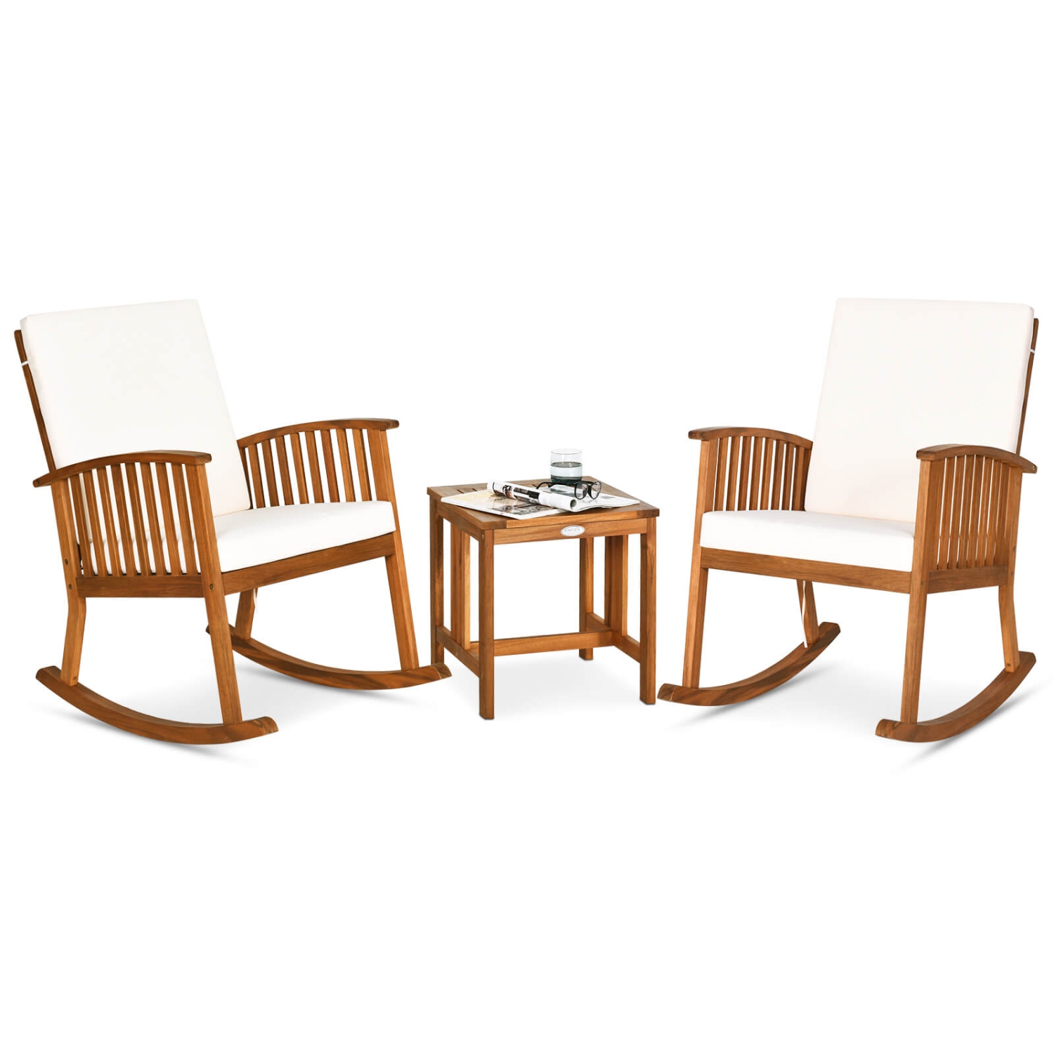 Costway 3 Pieces Acacia Wood Rocking Bistro Set with Coffee Table and Cushions for Lawn