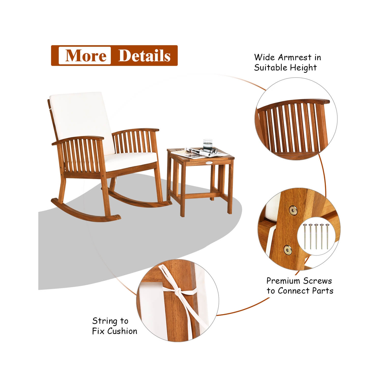 Costway 3 Pieces Acacia Wood Rocking Bistro Set with Coffee Table and Cushions for Lawn