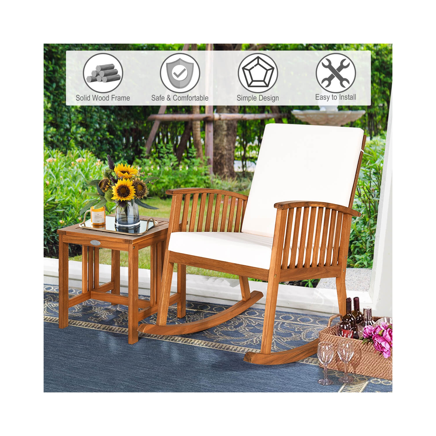 Costway 3 Pieces Acacia Wood Rocking Bistro Set with Coffee Table and Cushions for Lawn
