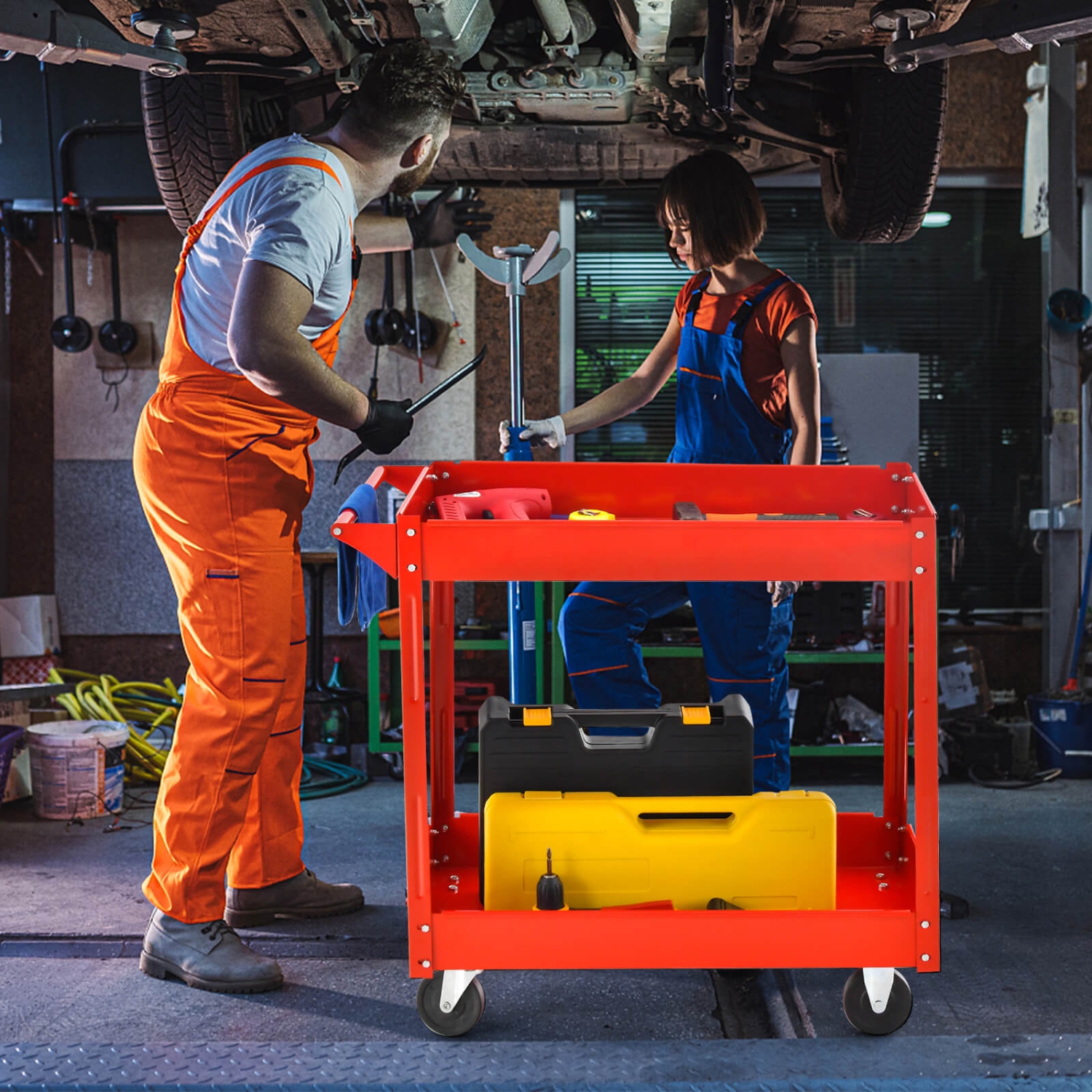 Meuble de rangement à outils sur roulettes avec poignée pour chariot de service en métal à 2 niveaux de Costway
