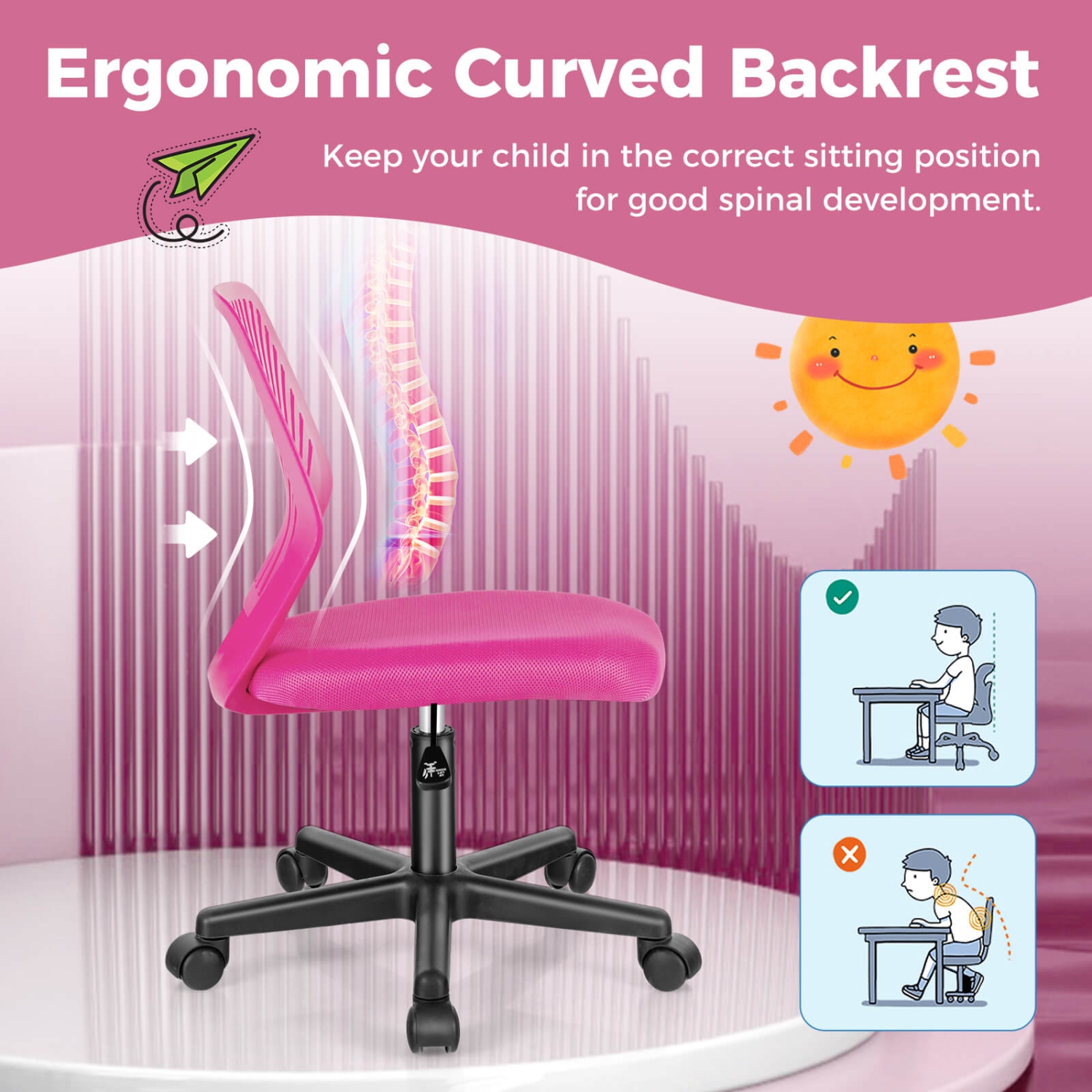 Costway Height-adjustable Ergonomic Kids Desk Chair with Universal Casters Working Chair