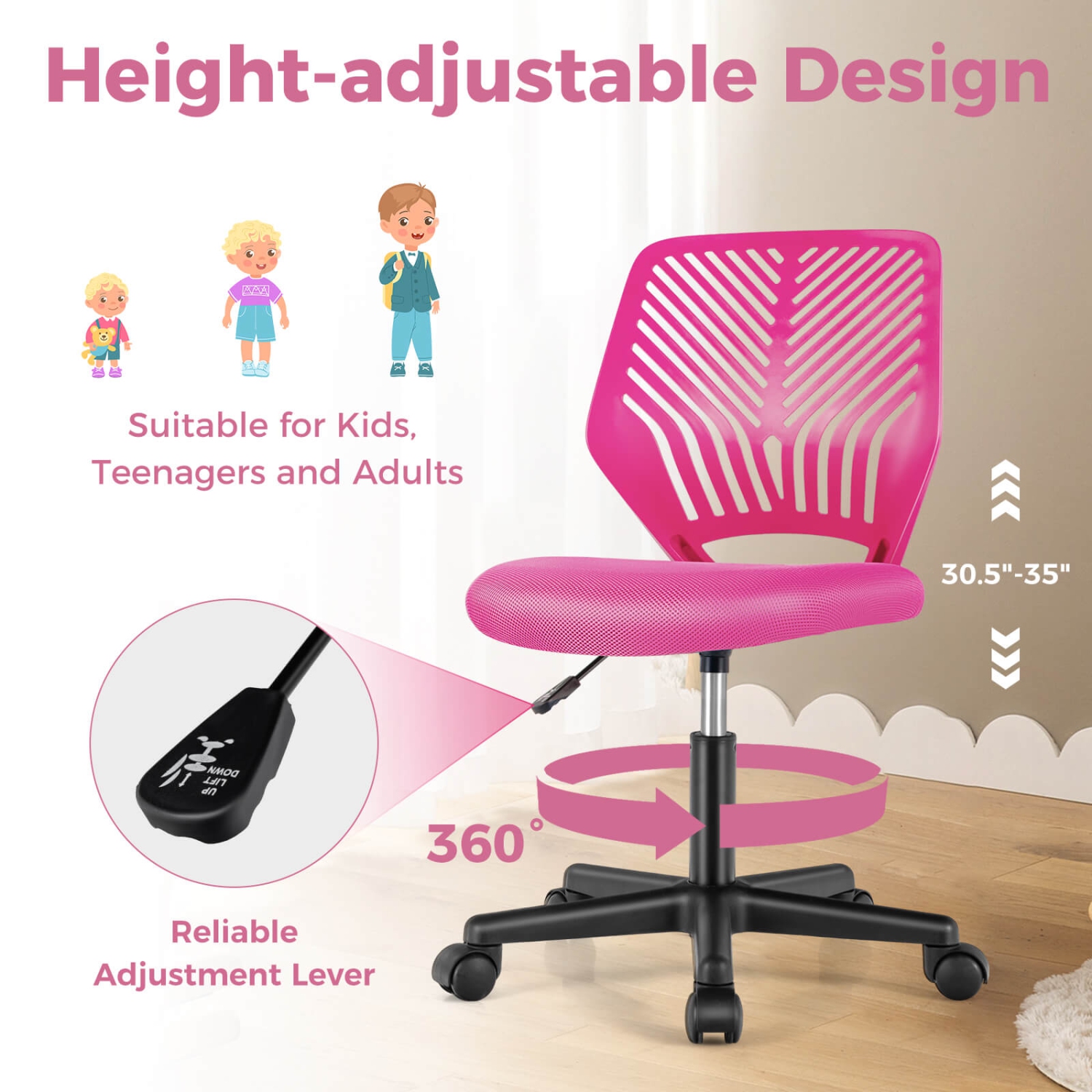 Costway Height-adjustable Ergonomic Kids Desk Chair with Universal Casters Working Chair