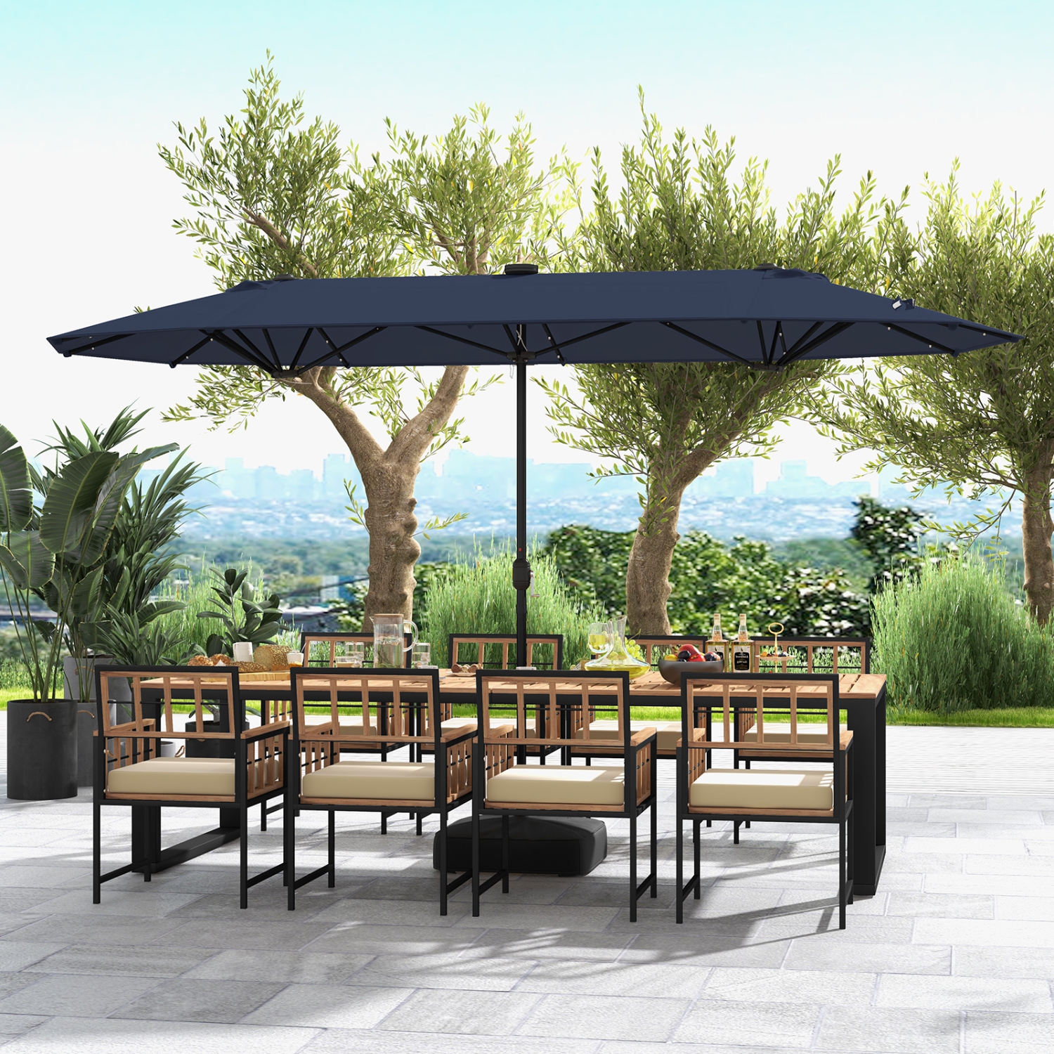 Costway 13FT Double-sided Patio Umbrella with Solar Lights Crank Handle Umbrella Base