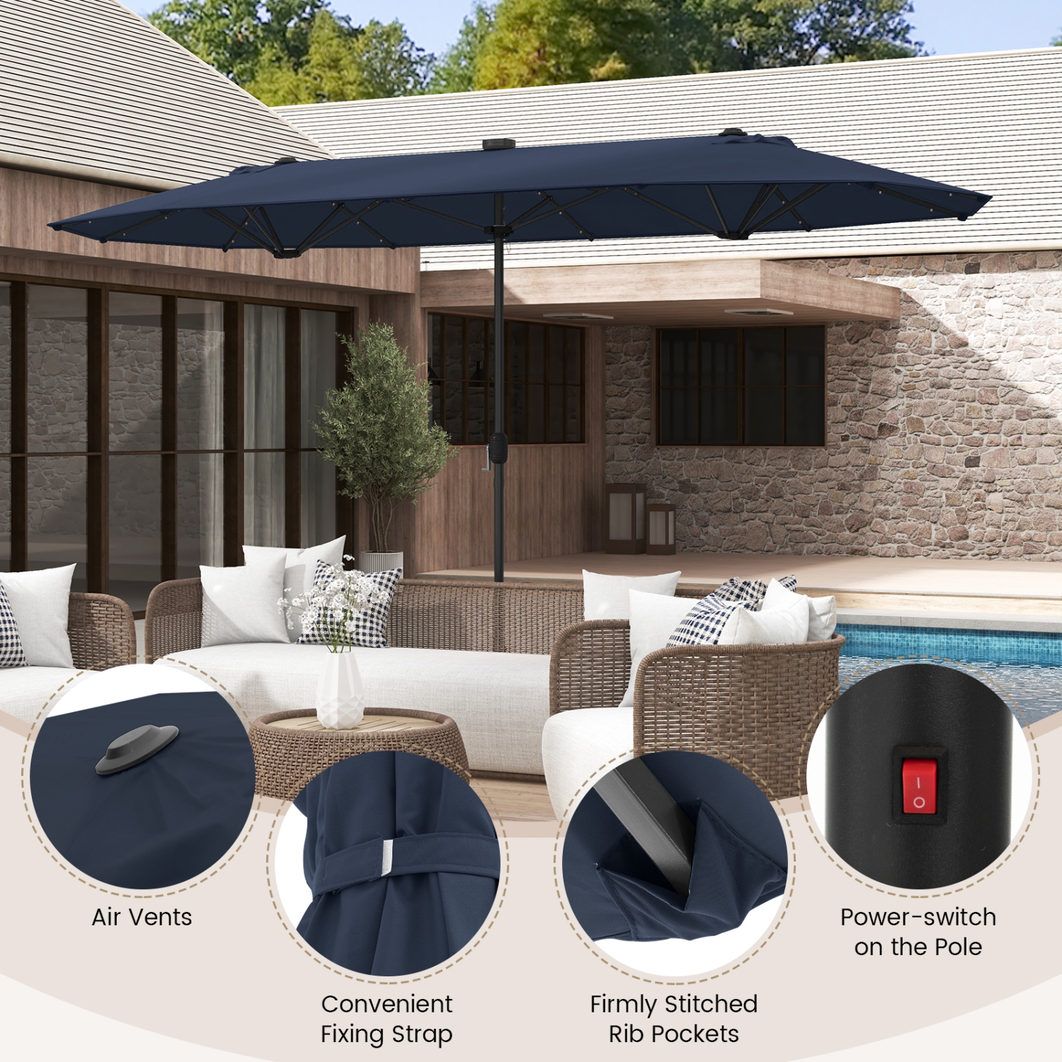 Costway 13FT Double-sided Patio Umbrella with Solar Lights Crank Handle Umbrella Base