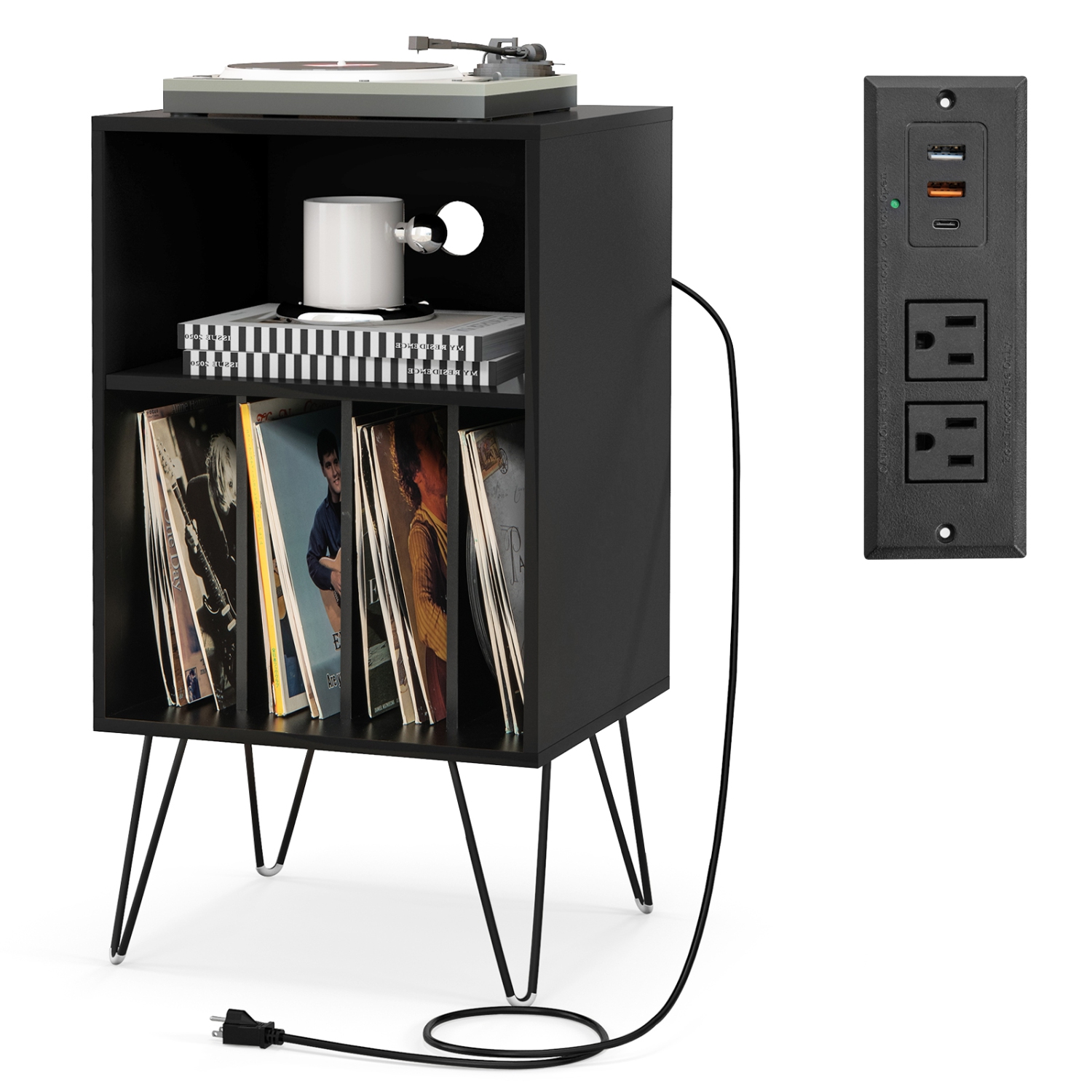 Costway 1 PCS 3-Tier Record Player Stand with Charging Station Shelf & 4 Dividers for Bedroom Black