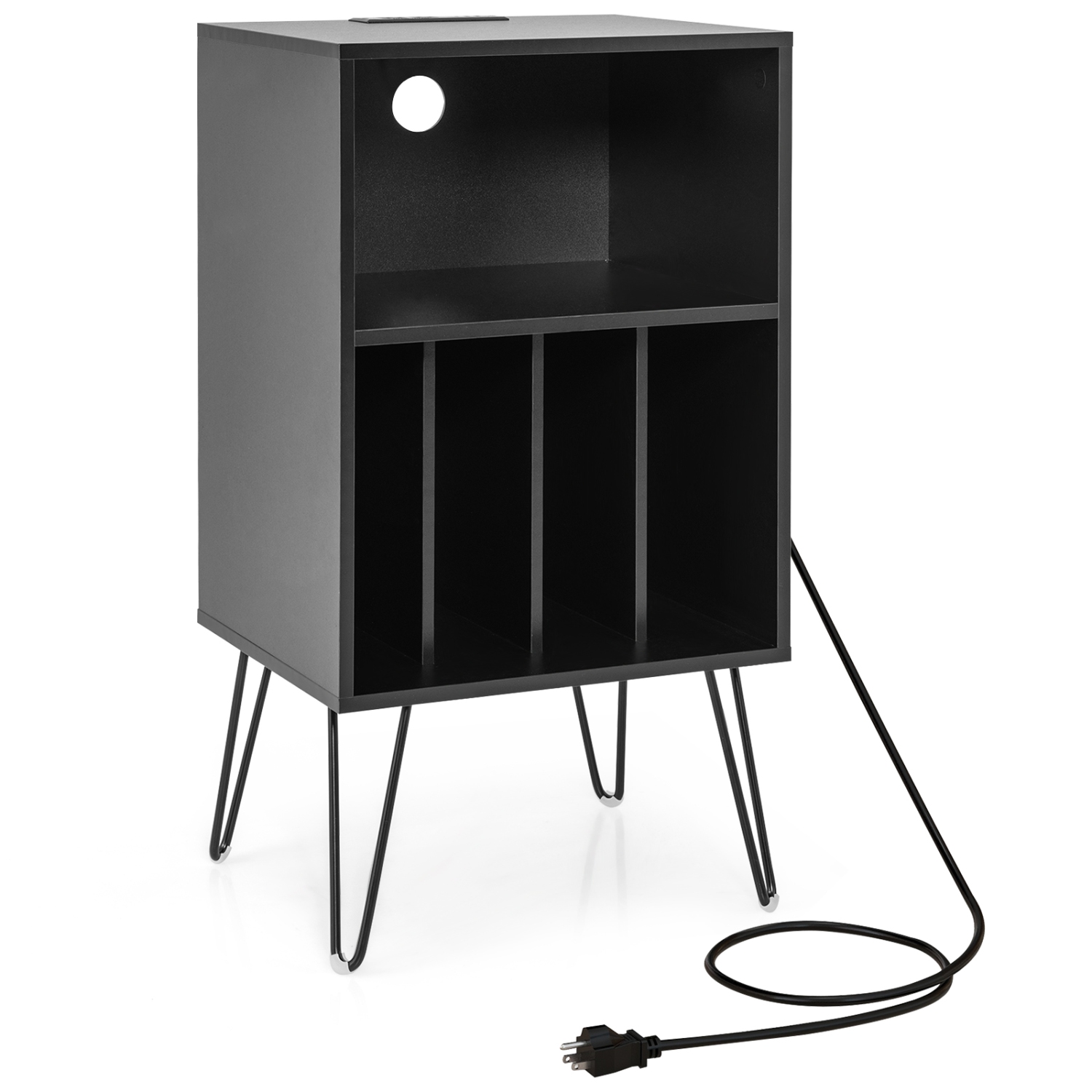 Costway 1 PCS 3-Tier Record Player Stand with Charging Station Shelf & 4 Dividers for Bedroom Black