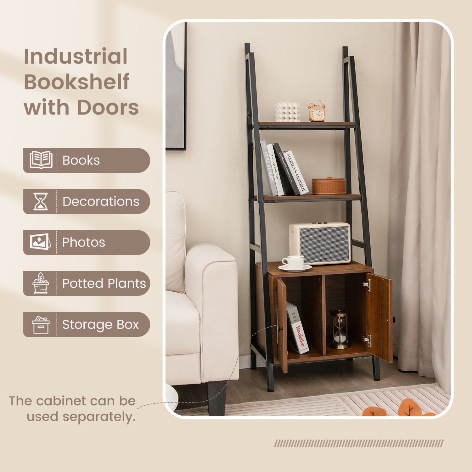 Costway 2 PCS Ladder Shelf Industrial Bookcase with Cabinet Metal Frame for Living Room