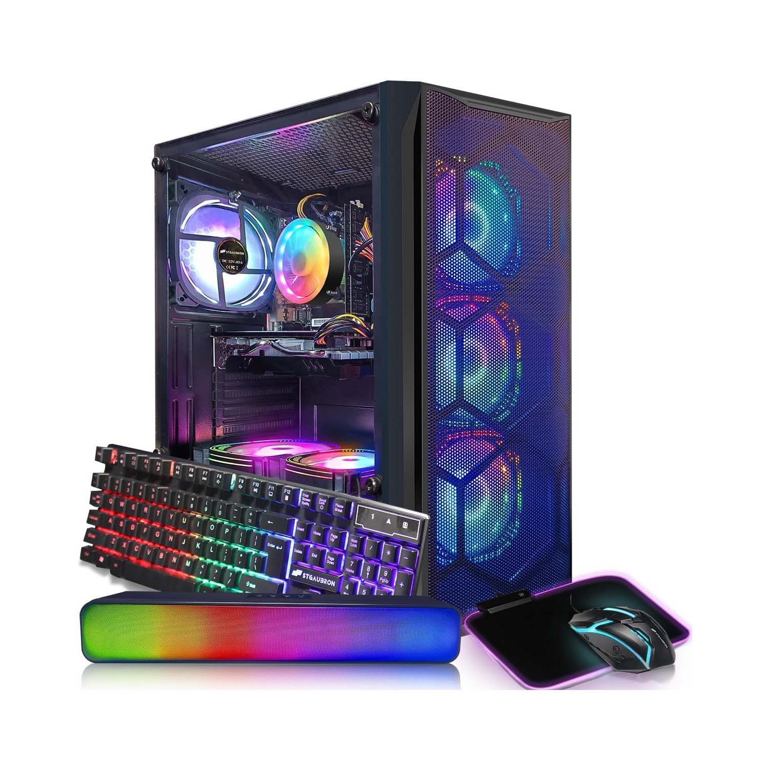 STGAubron Gaming Desktop PC Computer, Radeon RX 580 8G, Intel Core I7 up to 3.9 GHz, 16G, 512G SSD, WiFi, BT 5.0, RGB Fanx6, RGB Keyboard&Mouse&Mouse Pad, RGB BT Sound Bar, W10H64