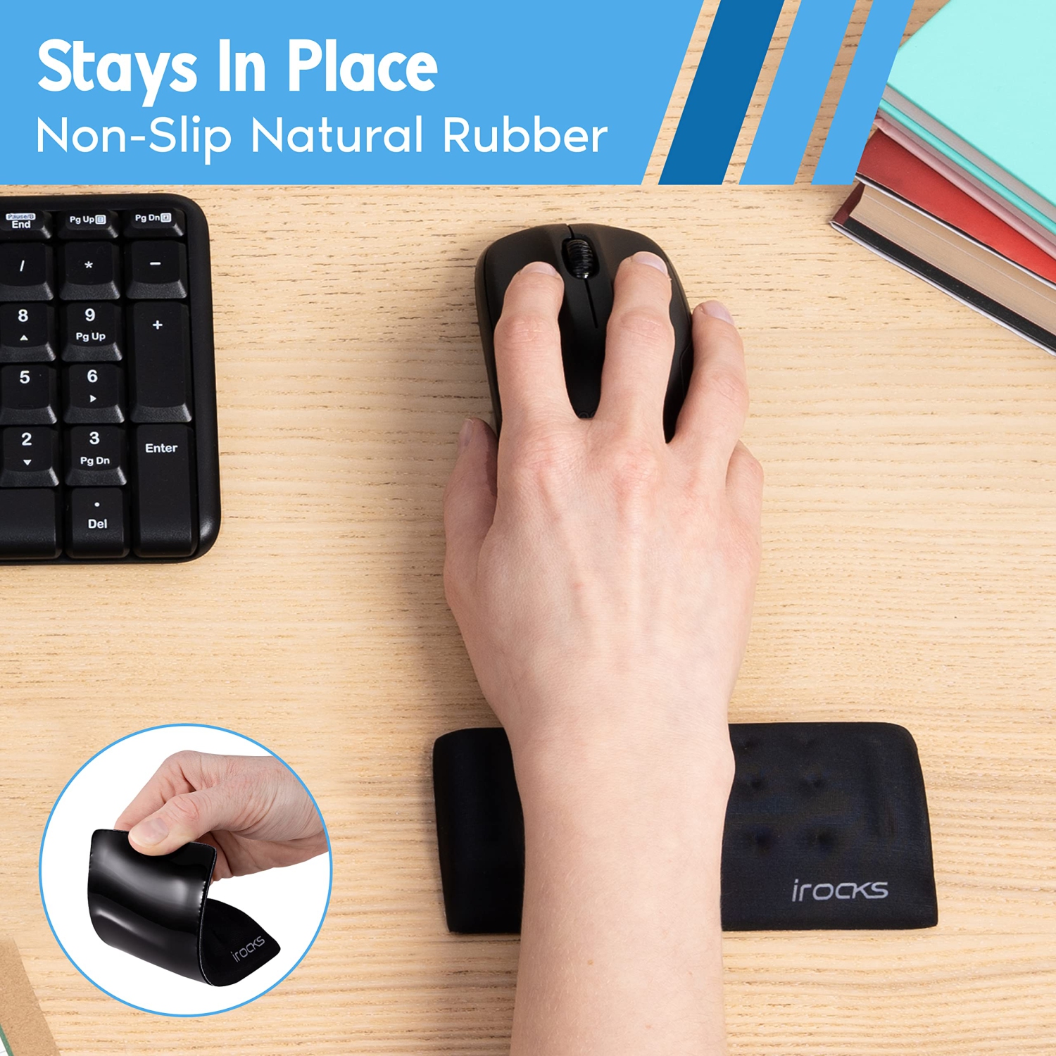 i-Rocks Memory Foam Mouse Wrist Rest - Pain-Reducing Wrist Rest for Mouse - Non-Slip Rubber Base Wrist Rest - Cooling Mouse Wrist Support for Long