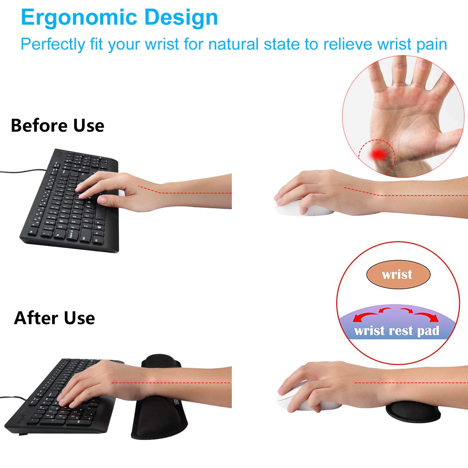 Keyboard Wrist Rest and Mouse Pad Wrist Support 2 Pack, Ergonomic Memory Foam Set for Office, Laptop, Mac, Computer and Gaming, Durable, Comfortable