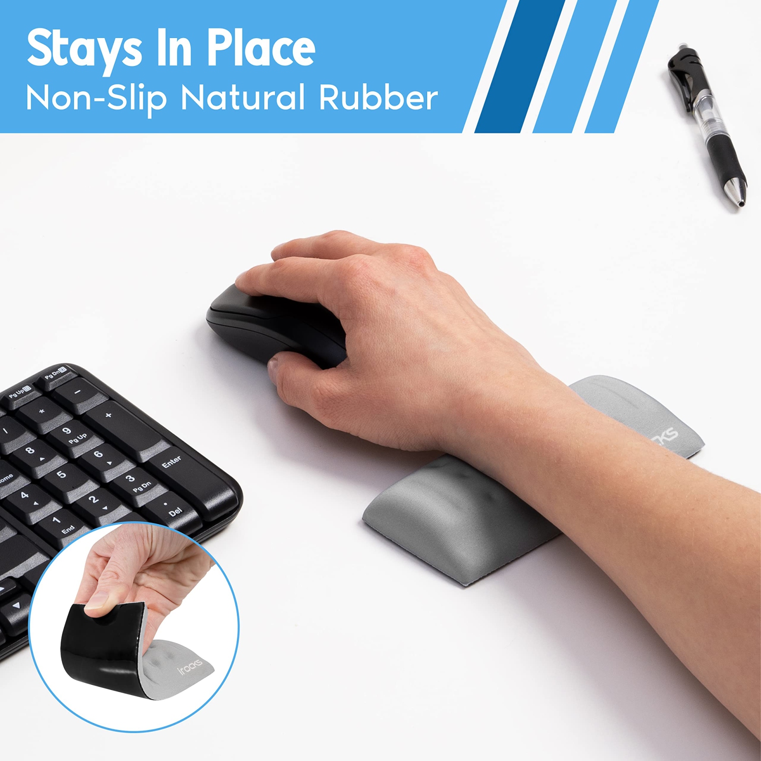 i-Rocks Memory Foam Mouse Wrist Rest - Pain-Reducing Wrist Rest for Mouse - Non-Slip Rubber Base Wrist Rest - Cooling Mouse Wrist Support for Long