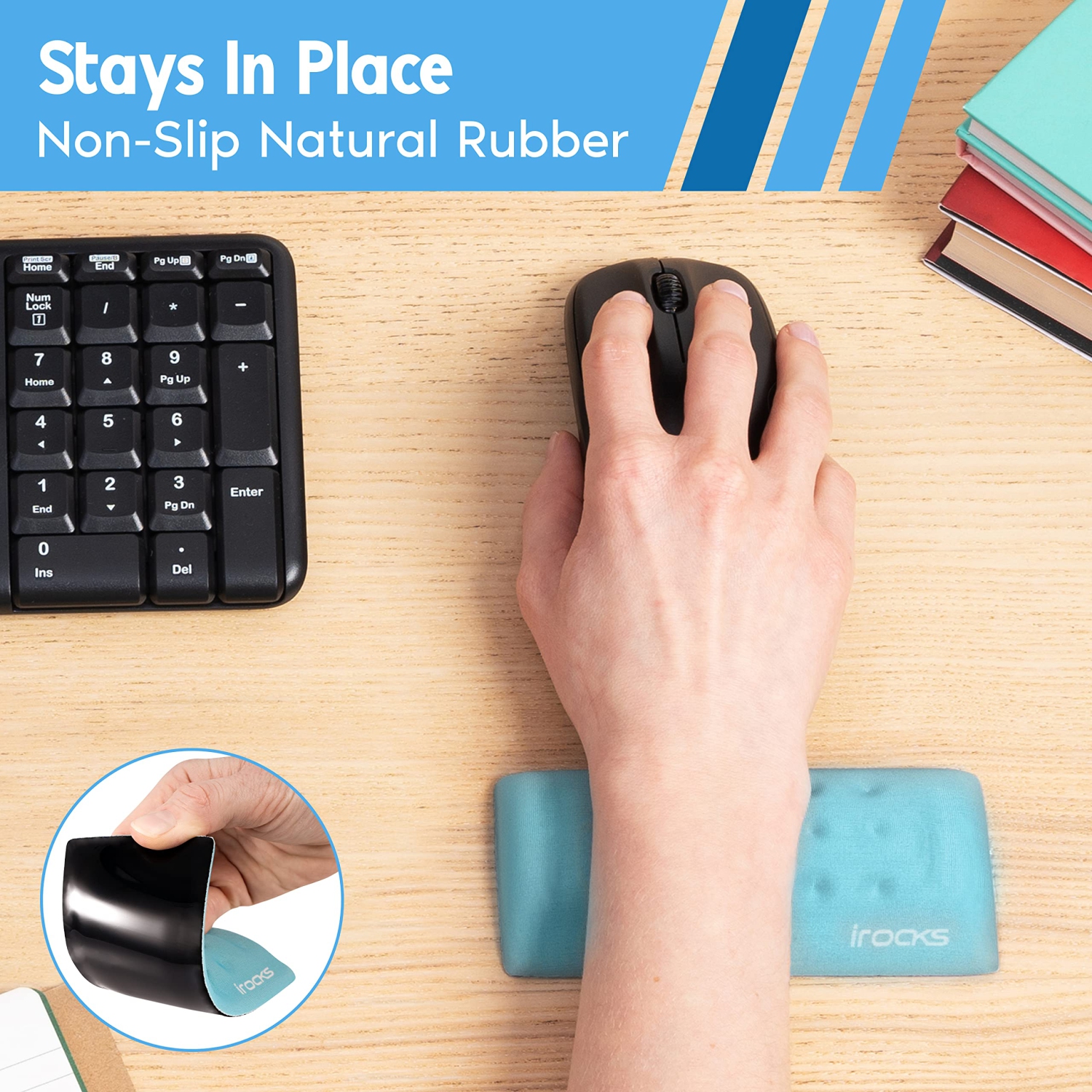 i-Rocks Memory Foam Mouse Wrist Rest - Pain-Reducing Wrist Rest for Mouse - Non-Slip Rubber Base Wrist Rest - Cooling Mouse Wrist Support for Long