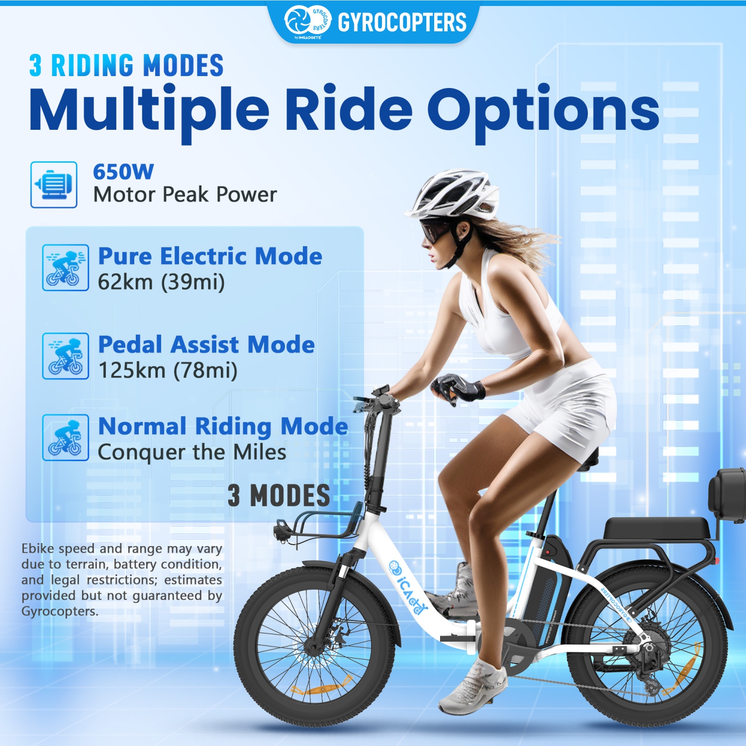 Gyrocopters iCaddy Foldable Electric Bike | UL 2849 | 650W Peak Brushless DC Motor | Up to 125 km PAS Range | Speed Up to 40 km/h | Anti-theft GPS