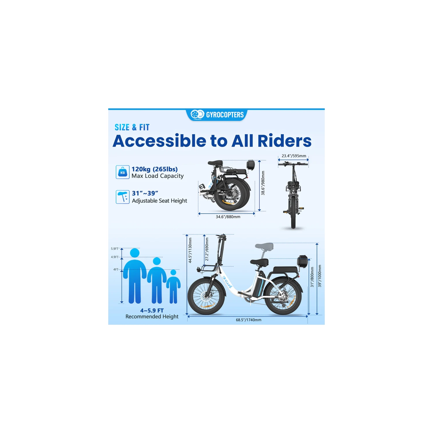 Gyrocopters iCaddy Foldable Electric Bike | UL 2849 | 650W Peak Brushless DC Motor | Up to 125 km PAS Range | Speed Up to 40 km/h | Anti-theft GPS