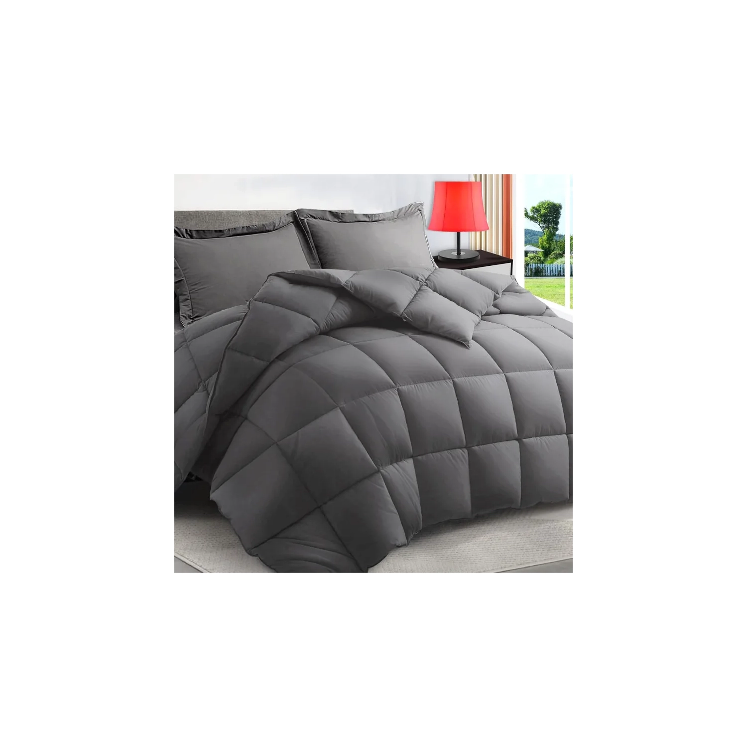 All Season King Size Grey Down Alternative Comforter Set - 3 Pieces, Cooling Blanket, Soft Quilted Duvet Insert with 8 Corner Tabs, Machine Washable (