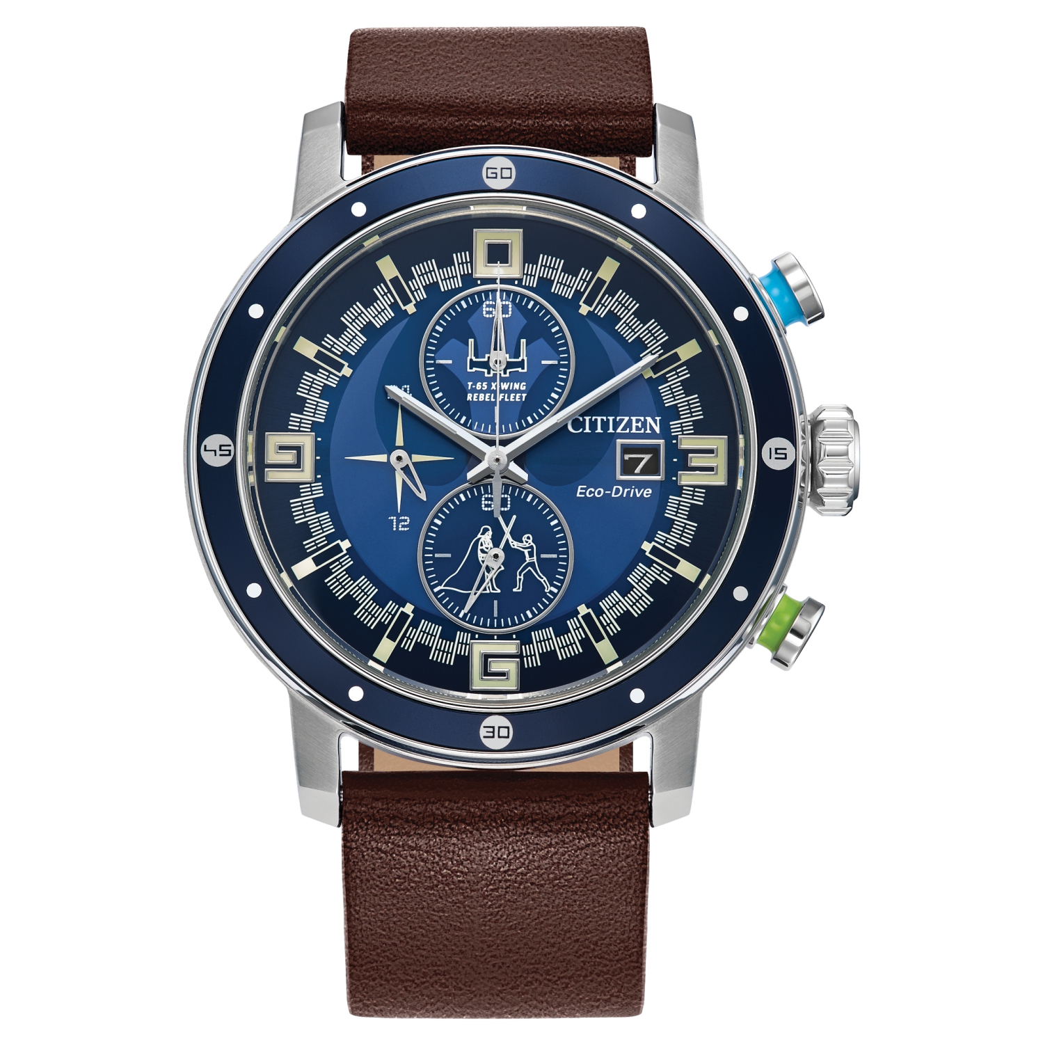 Montre pour hommes Luke Skywalker japonaise Eco-Drive 44&nbsp;mm boîtier inox argenté bracelet cuir bleu avec cadran bleu de Star Wars