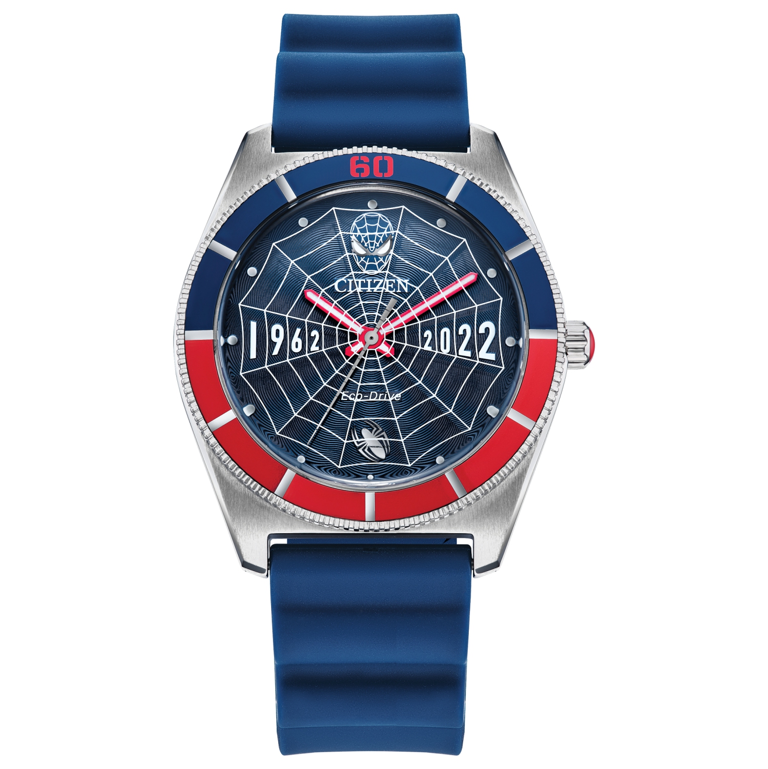 Marvel Mens Spider-Man Japanese Eco-Drive Watch 43mm Silver-Tone Stainless Steel Case Blue Polyurethane Strap with Blue Dial (AW2050-49W)