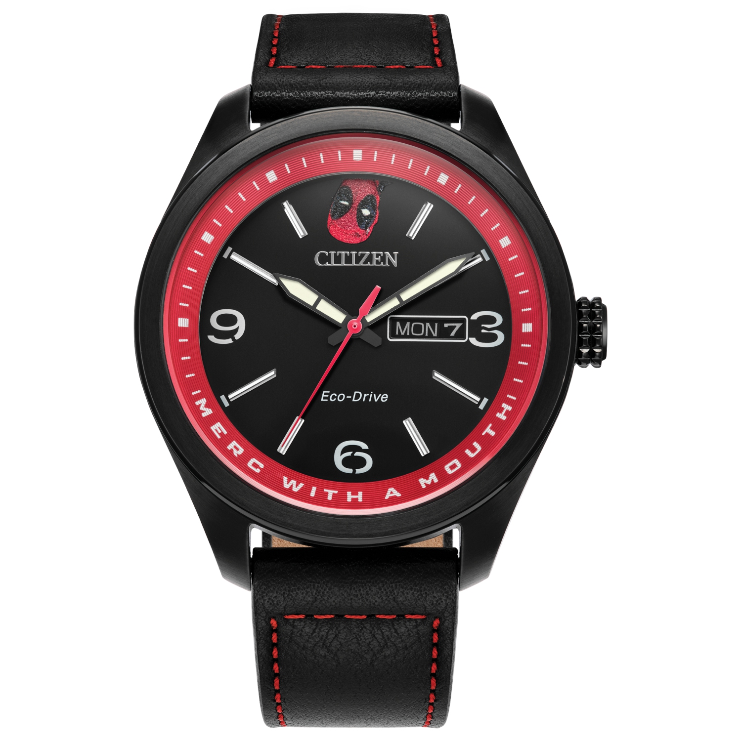 Marvel Mens Here Comes Deadpool Japanese Eco-Drive Watch 42.6mm Black Stainless Steel Case Leather Strap with Black Dial