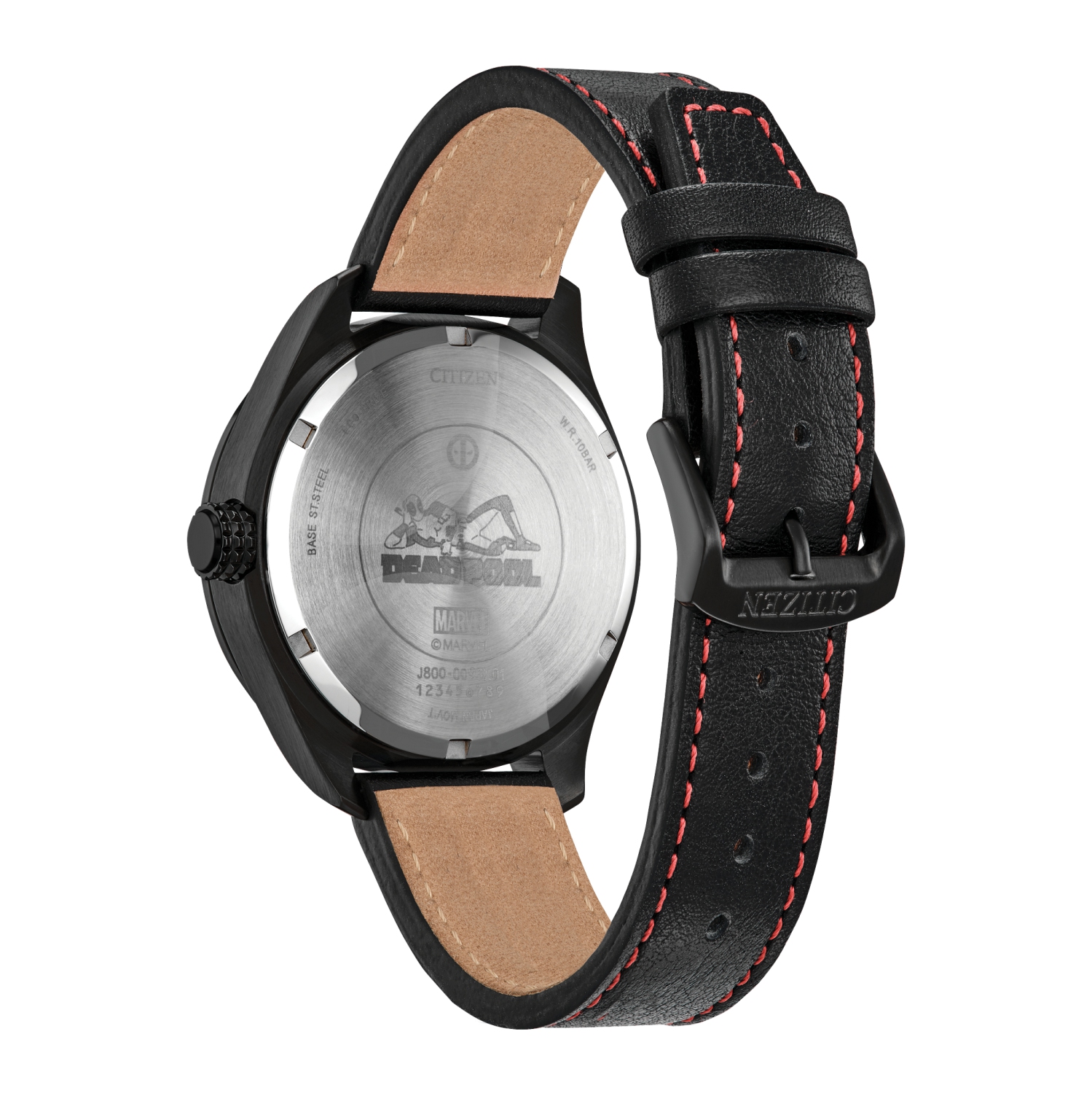 Marvel Mens Here Comes Deadpool Japanese Eco-Drive Watch 42.6mm Black Stainless Steel Case Leather Strap with Black Dial