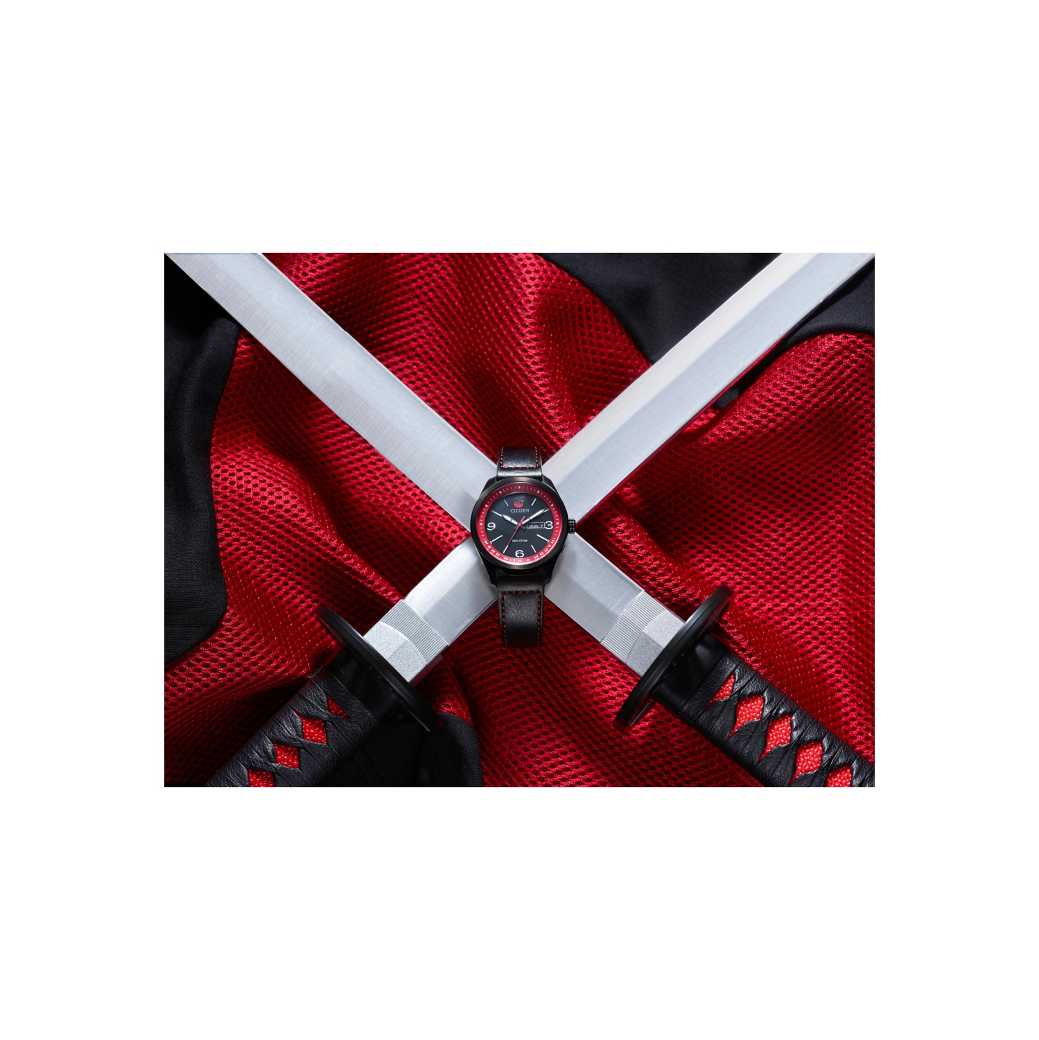 Marvel Mens Here Comes Deadpool Japanese Eco-Drive Watch 42.6mm Black Stainless Steel Case Leather Strap with Black Dial