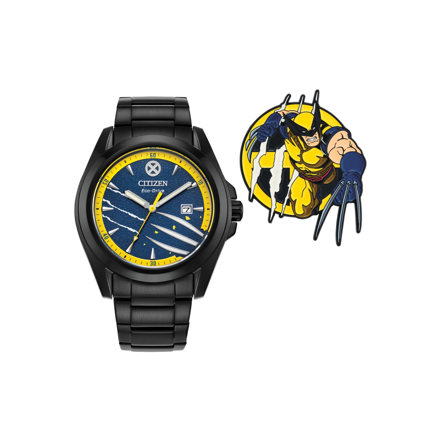 Marvel Mens Wolverine Japanese Eco-Drive Watch 43mm Black Stainless Steel Case and Bracelet with Blue Dial