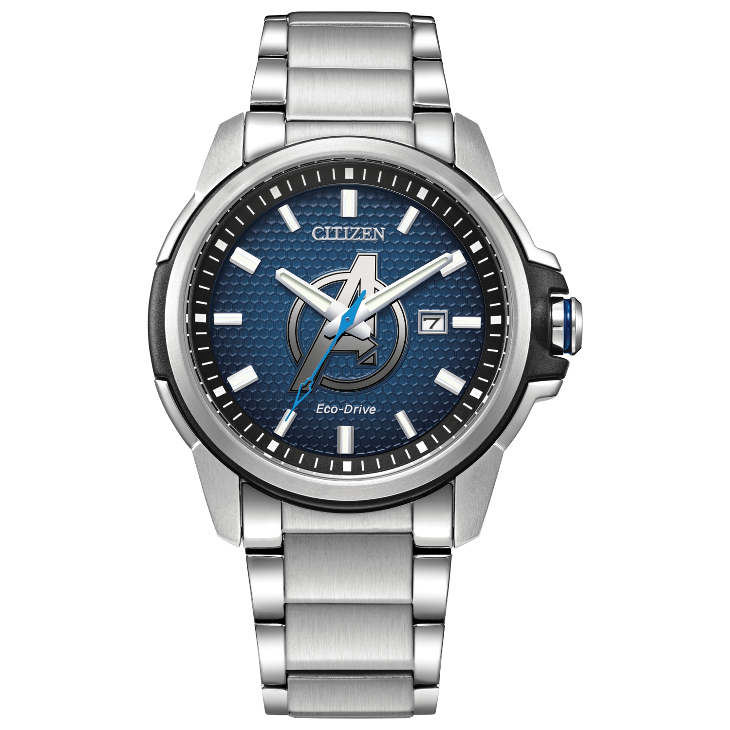 Montre homme Eco-Drive japonaise, inox. Argenté 44&nbsp;mm, boîtier ABS, bracelet inox, cadran bleu, Avengers, Marvel