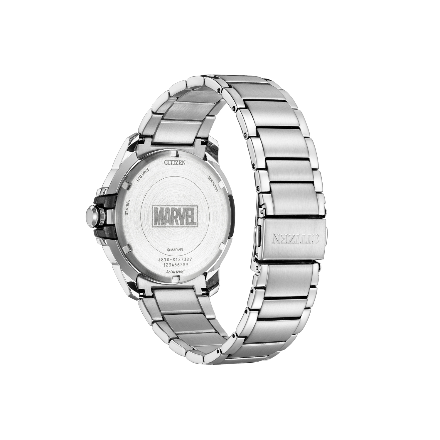 Montre homme Eco-Drive japonaise, inox. Argenté 44&nbsp;mm, boîtier ABS, bracelet inox, cadran bleu, Avengers, Marvel