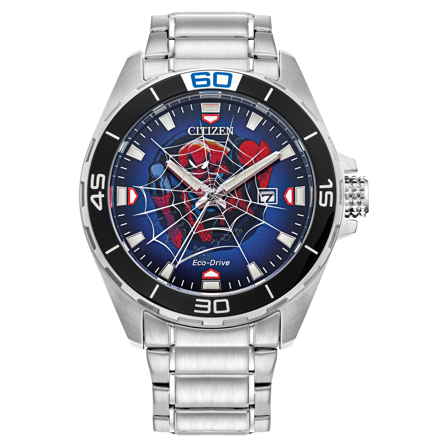 Marvel Mens Spider-Man Japanese Eco-Drive Watch 44mm Silver-Tone Stainless Steel Case and Bracelet with Blue Dial (BM7610-52W)