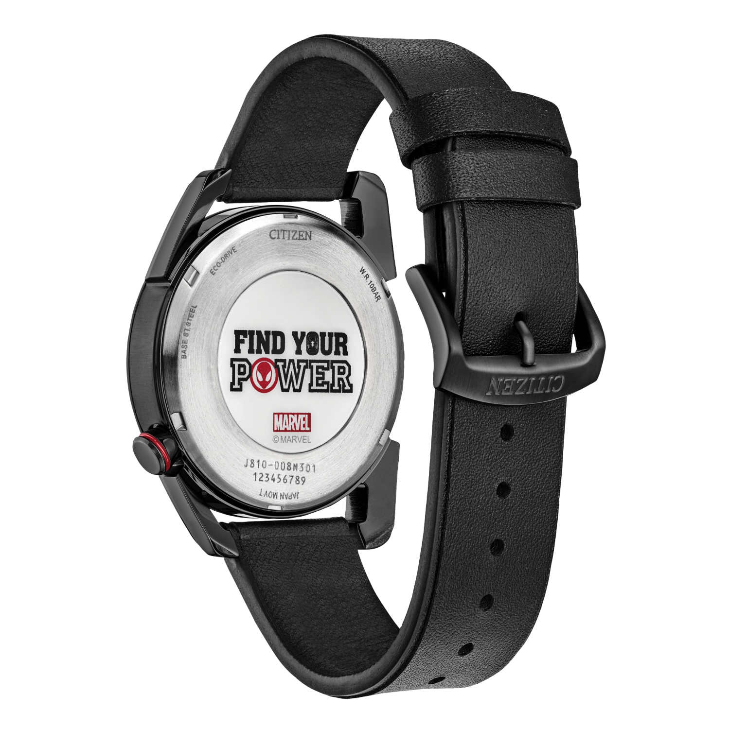 Marvel Mens Miles Morales Japanese Eco-Drive Watch 42mm Black Stainless Steel Case Leather Strap with Black Dial