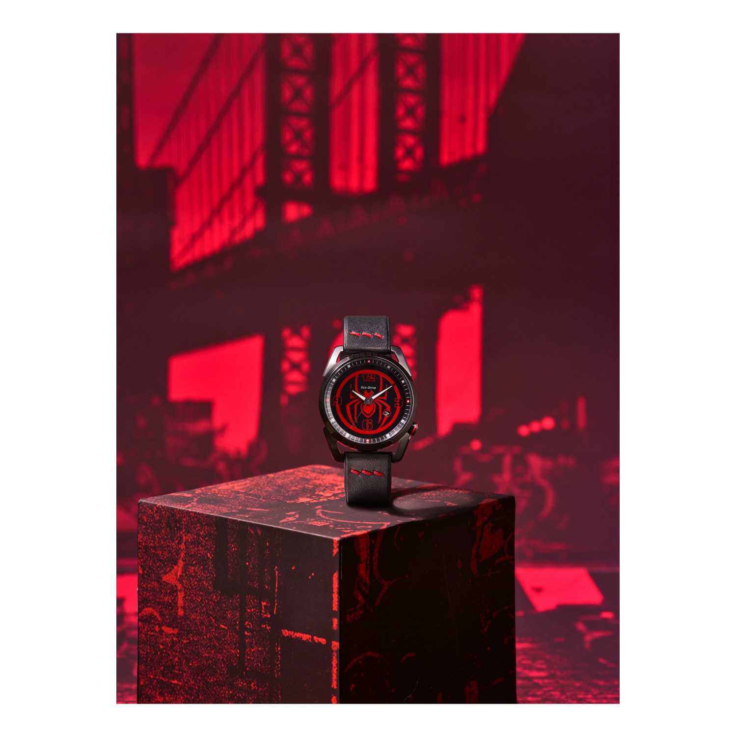 Marvel Mens Miles Morales Japanese Eco-Drive Watch 42mm Black Stainless Steel Case Leather Strap with Black Dial